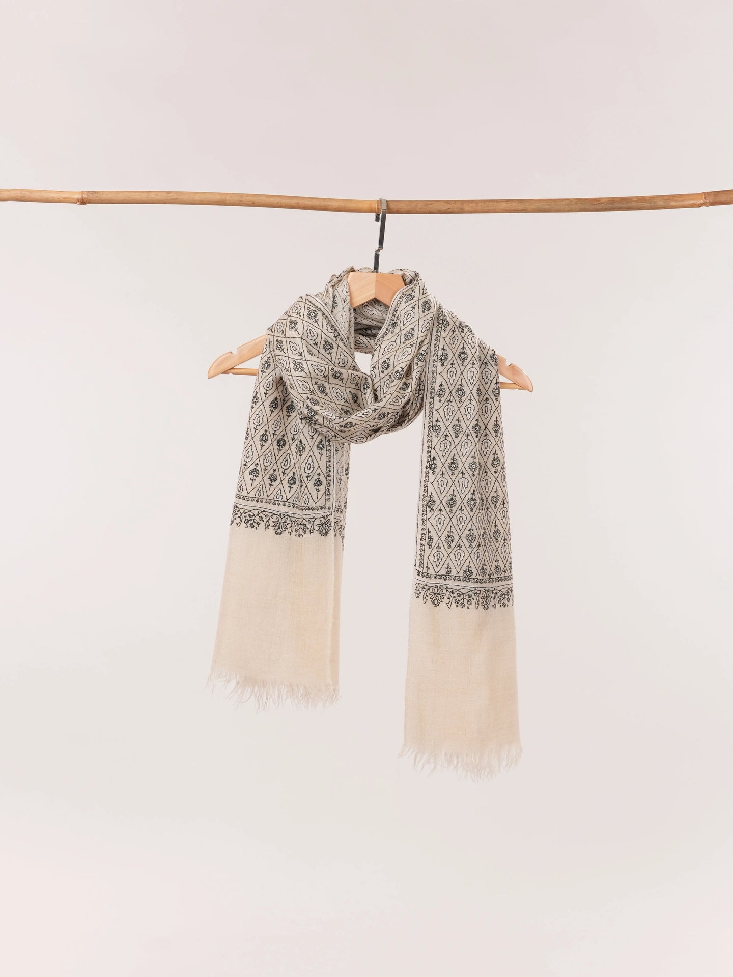 Natural Off White Hand Embroidered Cashmere Scarf with Black Embroidery Shahkaar.com