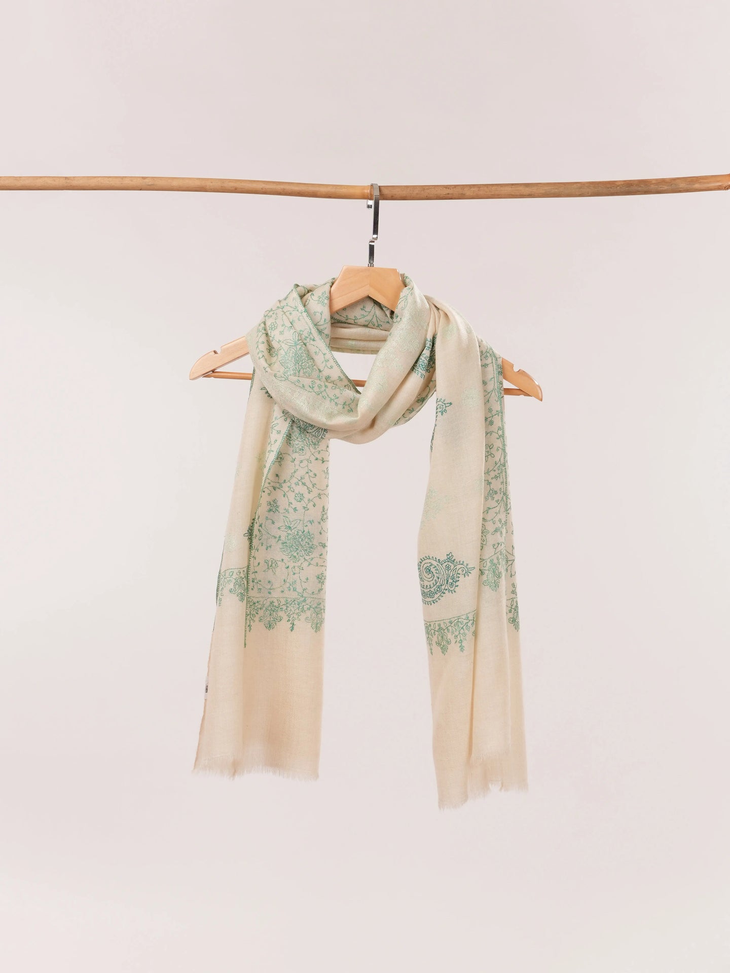 Natural Off White Cashmere Scarf with Green Hand Embroidery Shahkaar.com