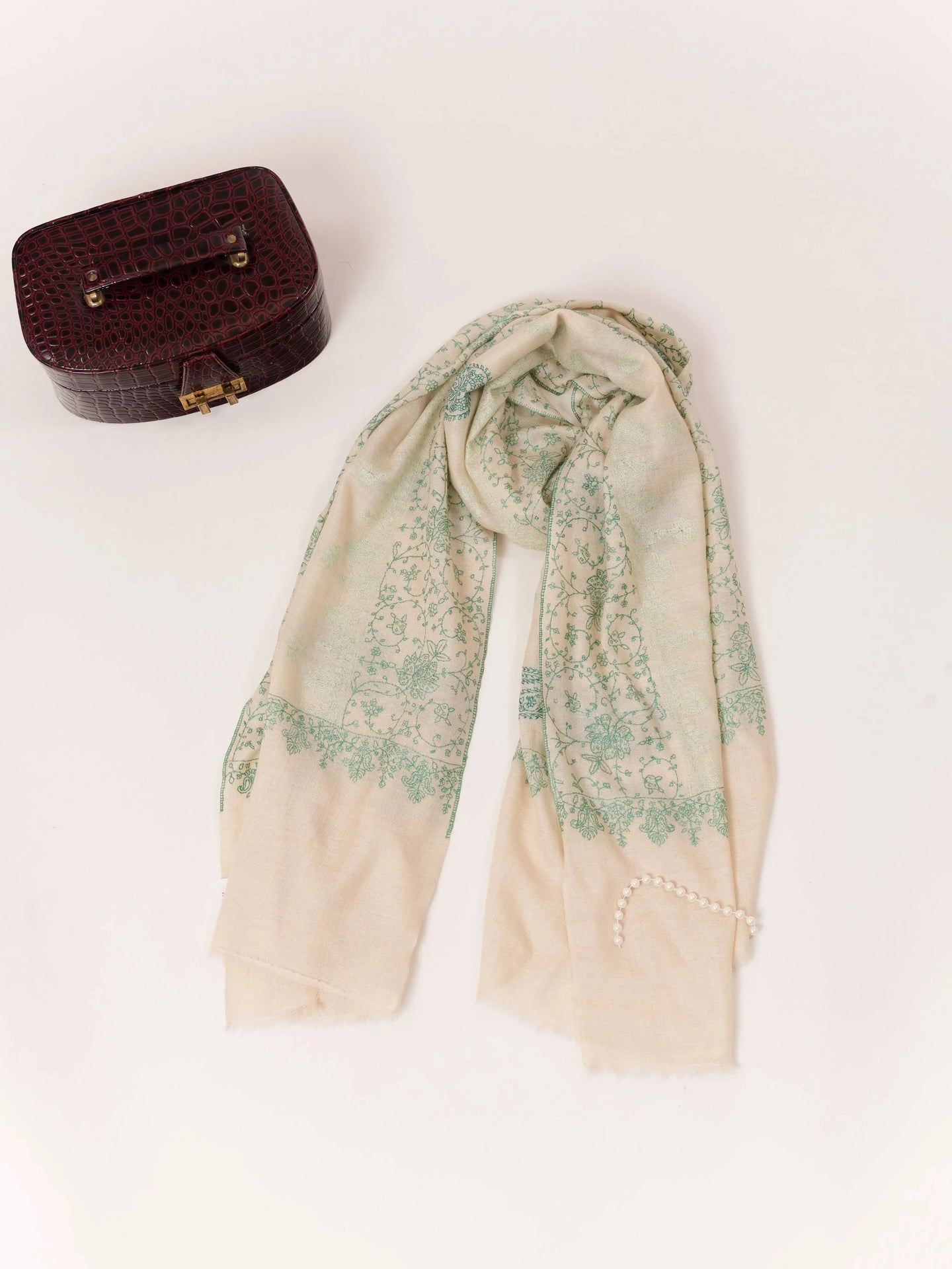Natural Off White Cashmere Scarf with Green Hand Embroidery Shahkaar.com