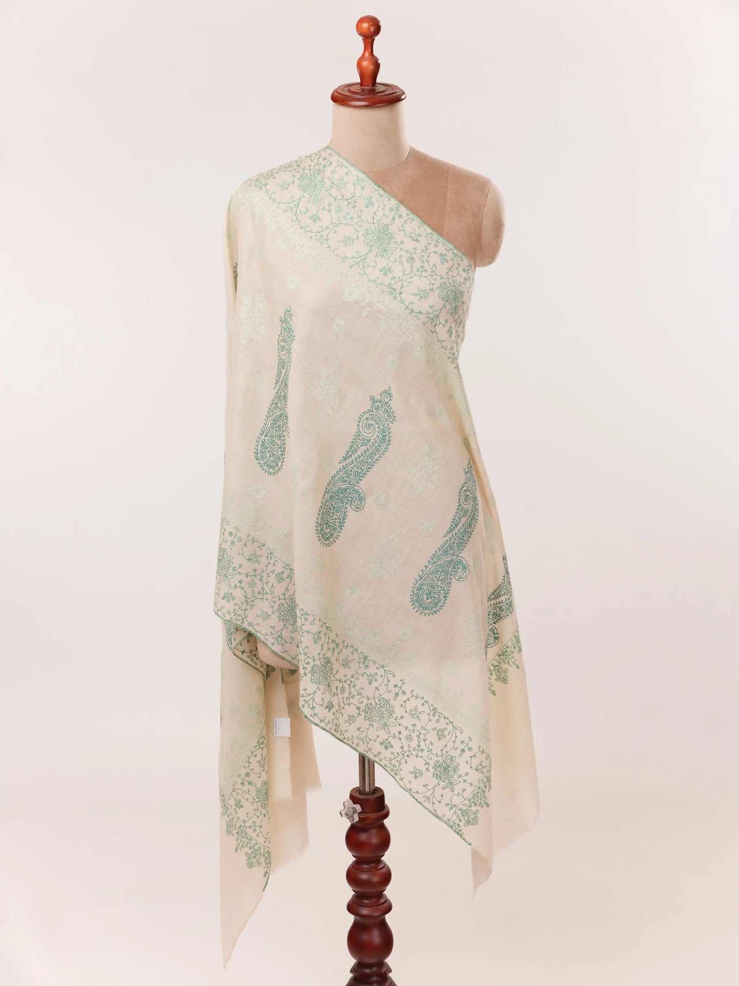Natural Off White Cashmere Scarf with Green Hand Embroidery Shahkaar.com