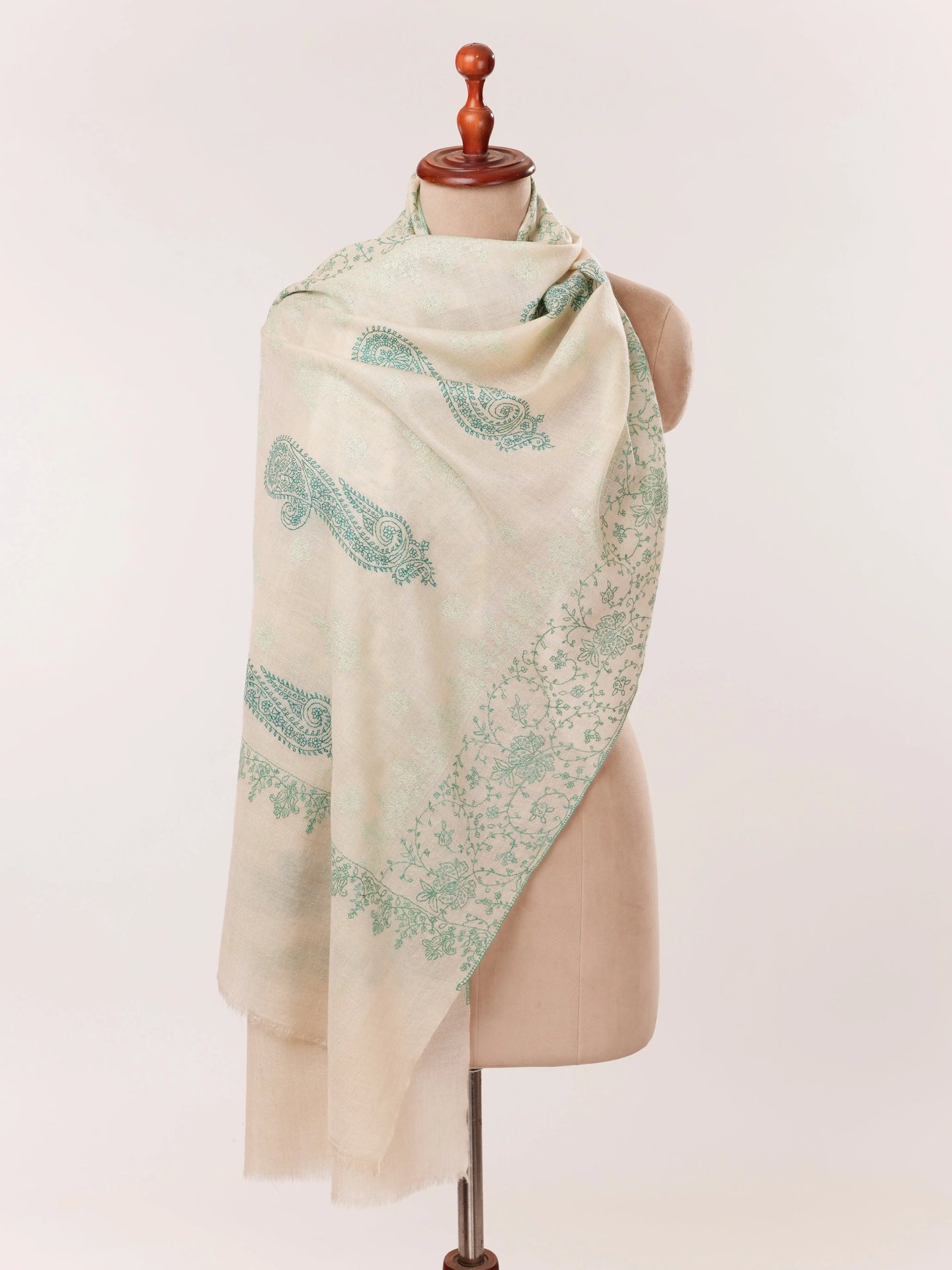 Natural Off White Cashmere Scarf with Green Hand Embroidery Shahkaar.com