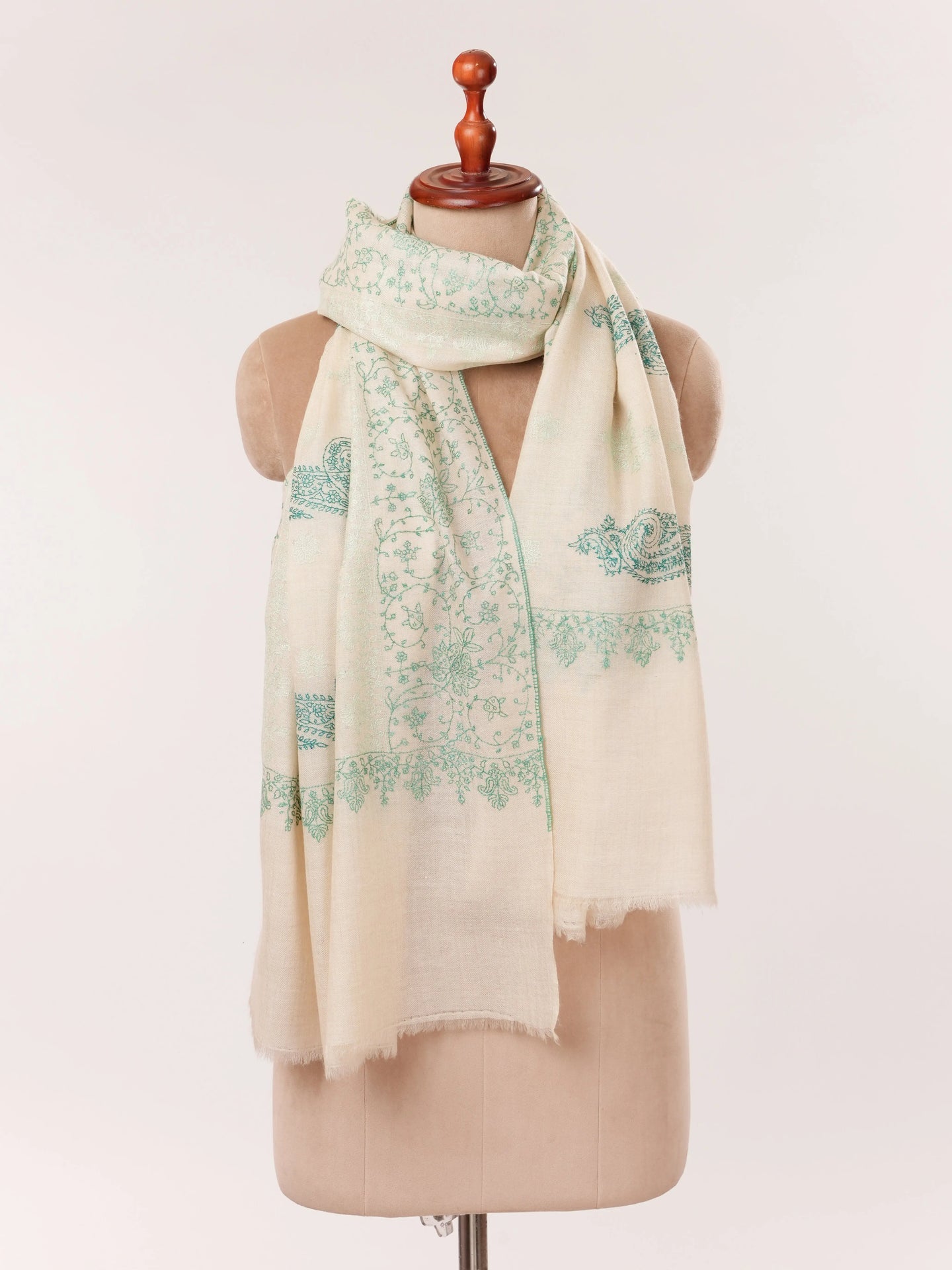 Natural Off White Cashmere Scarf with Green Hand Embroidery Shahkaar.com