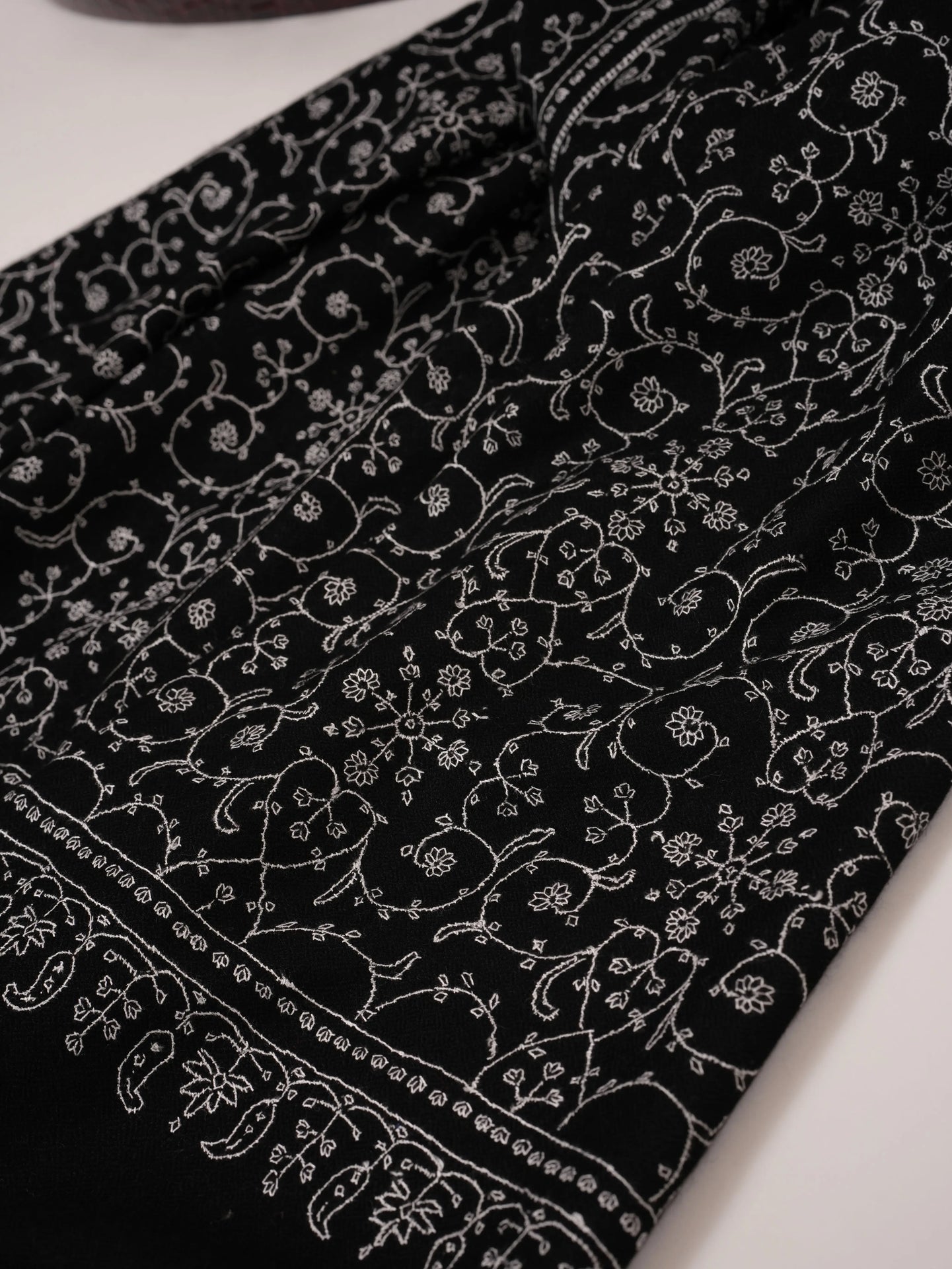 Black Handwoven Cashmere Scarf with All-Over Jali Embroidery Shahkaar.com
