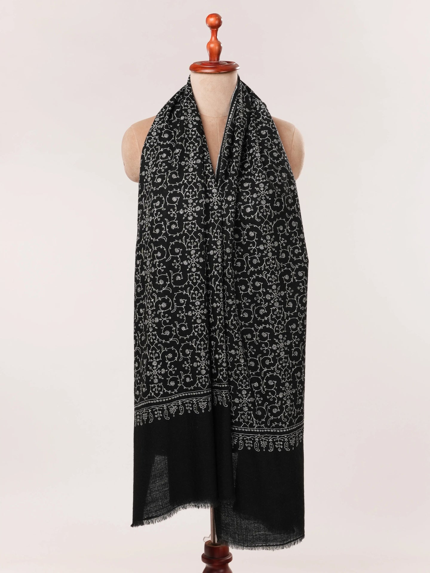 Black Handwoven Cashmere Scarf with All-Over Jali Embroidery Shahkaar.com