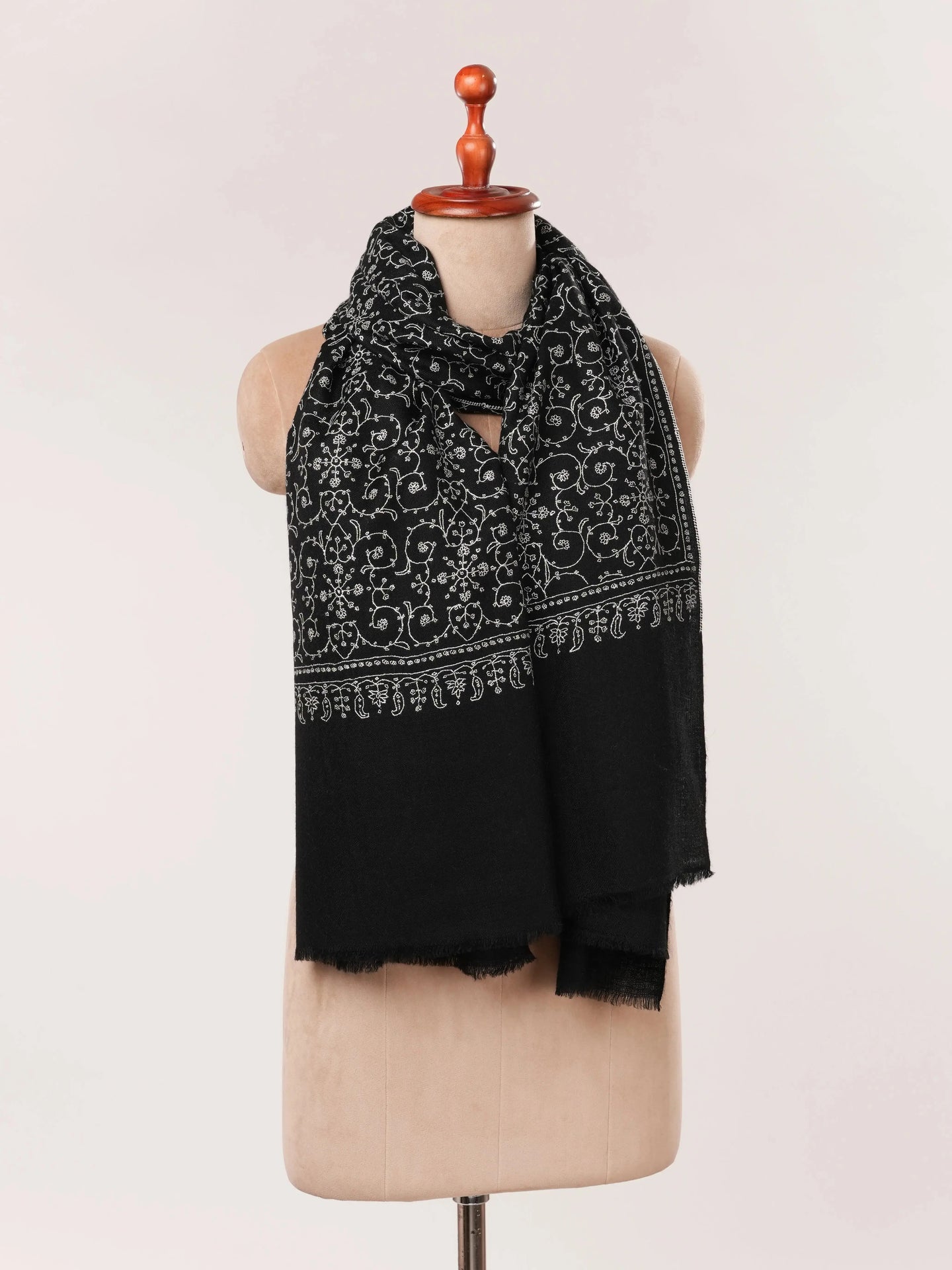Black Handwoven Cashmere Scarf with All-Over Jali Embroidery Shahkaar.com