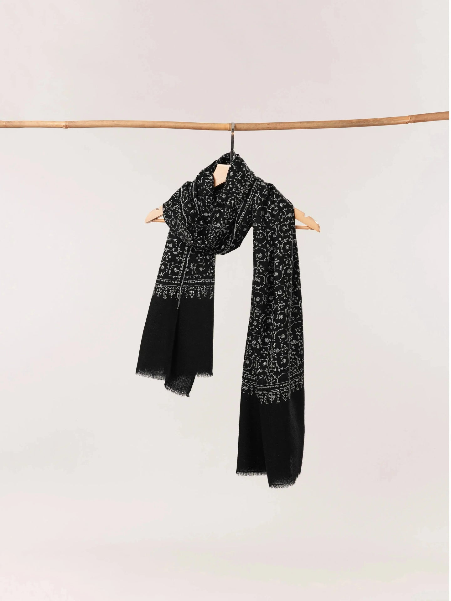 Black Handwoven Cashmere Scarf with All-Over Jali Embroidery Shahkaar.com