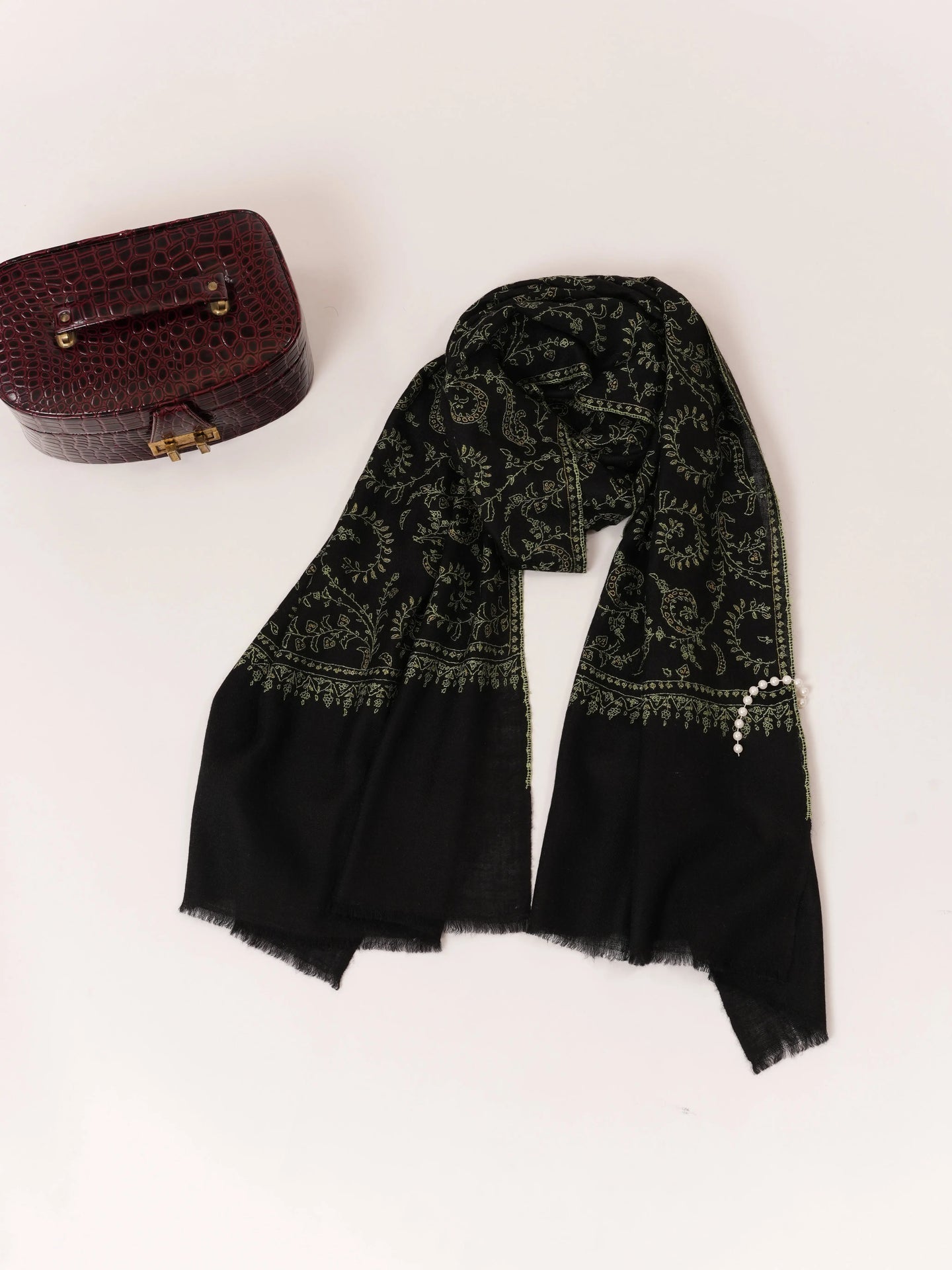 Black Cashmere Scarf with Hand Needlework Jali Embroidery Shahkaar.com