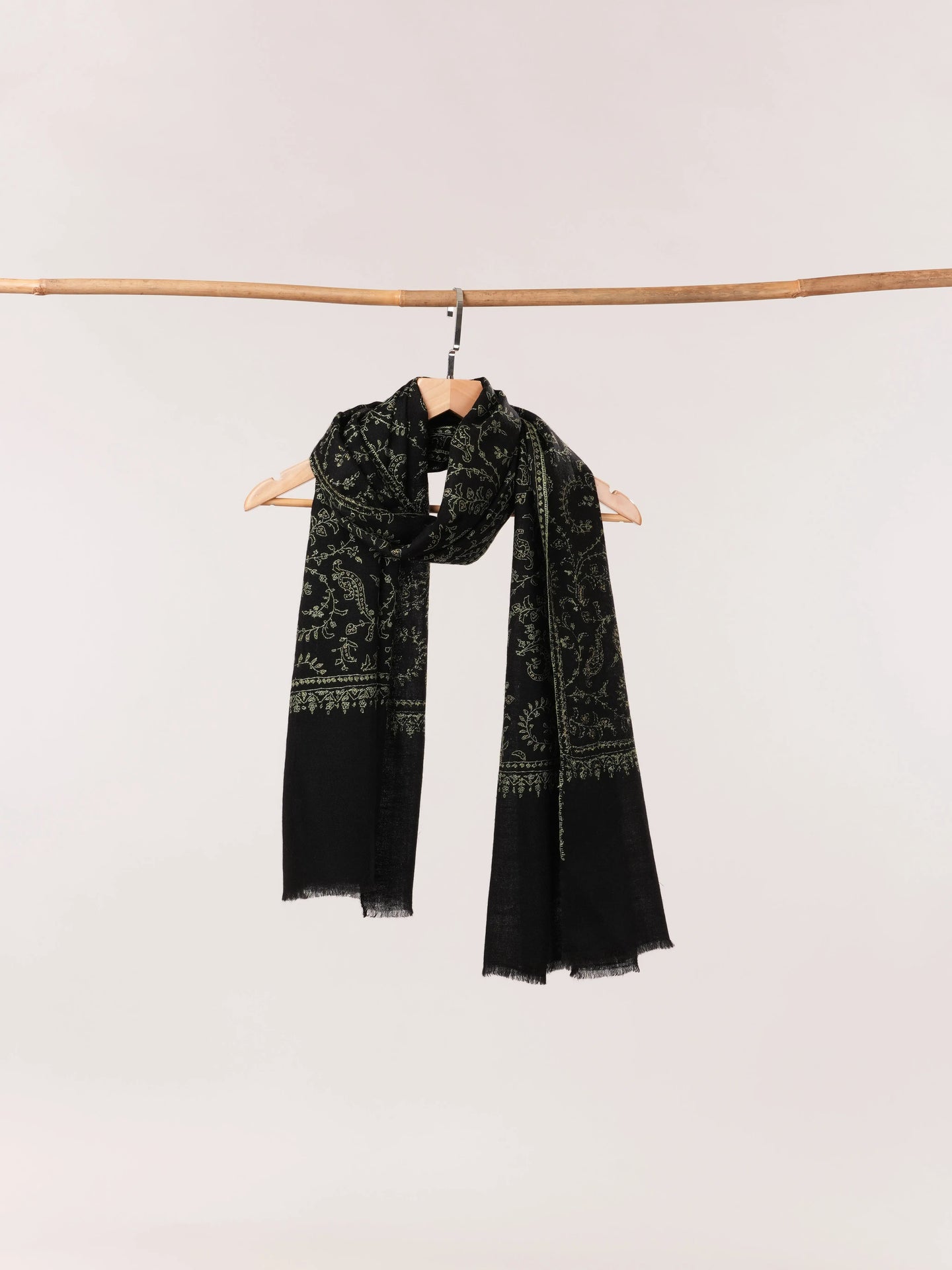 Black Cashmere Scarf with Hand Needlework Jali Embroidery Shahkaar.com