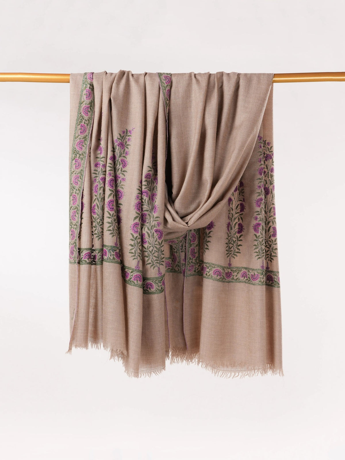 Taupe  Handwoven Pashmina Shawl with Palldar Hand Sozni Embroidery