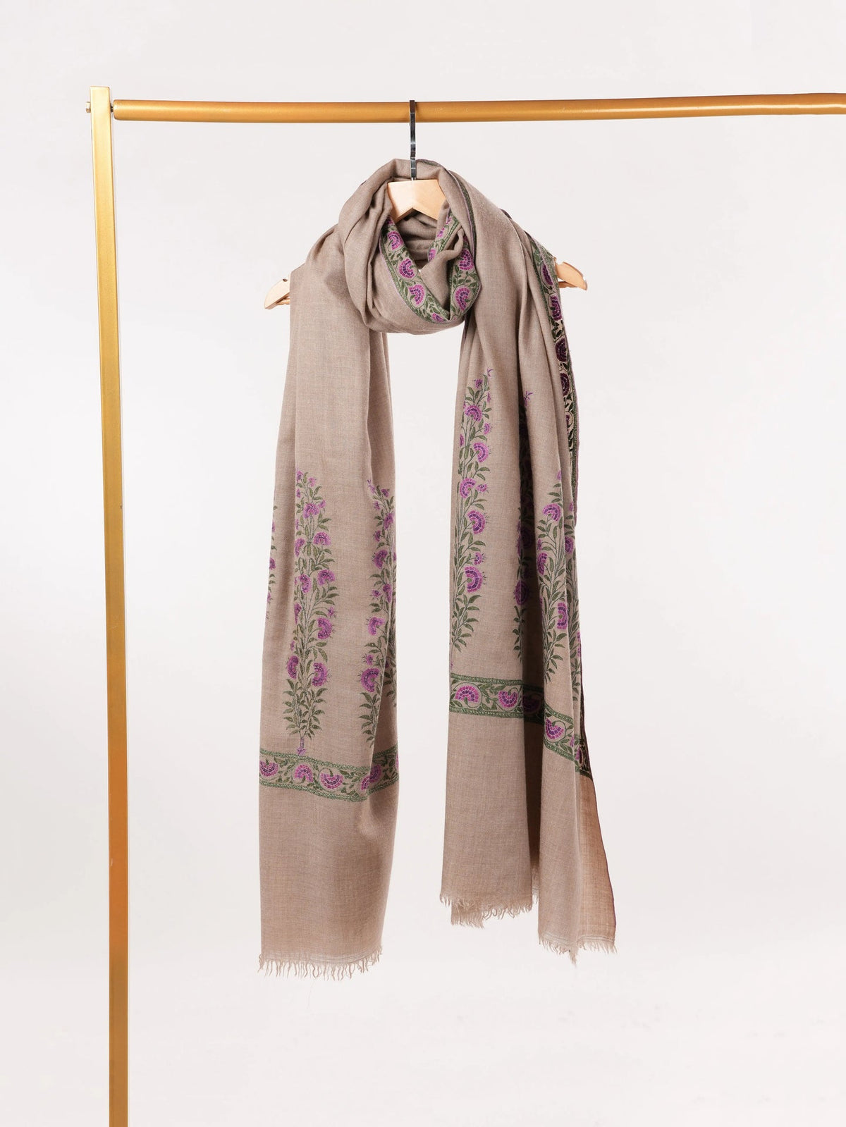 Taupe  Handwoven Pashmina Shawl with Palldar Hand Sozni Embroidery
