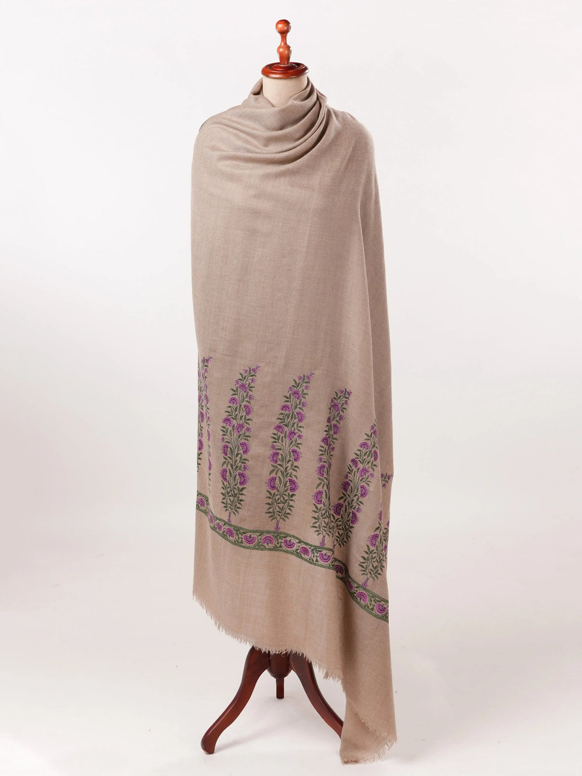 Taupe  Handwoven Pashmina Shawl with Palldar Hand Sozni Embroidery