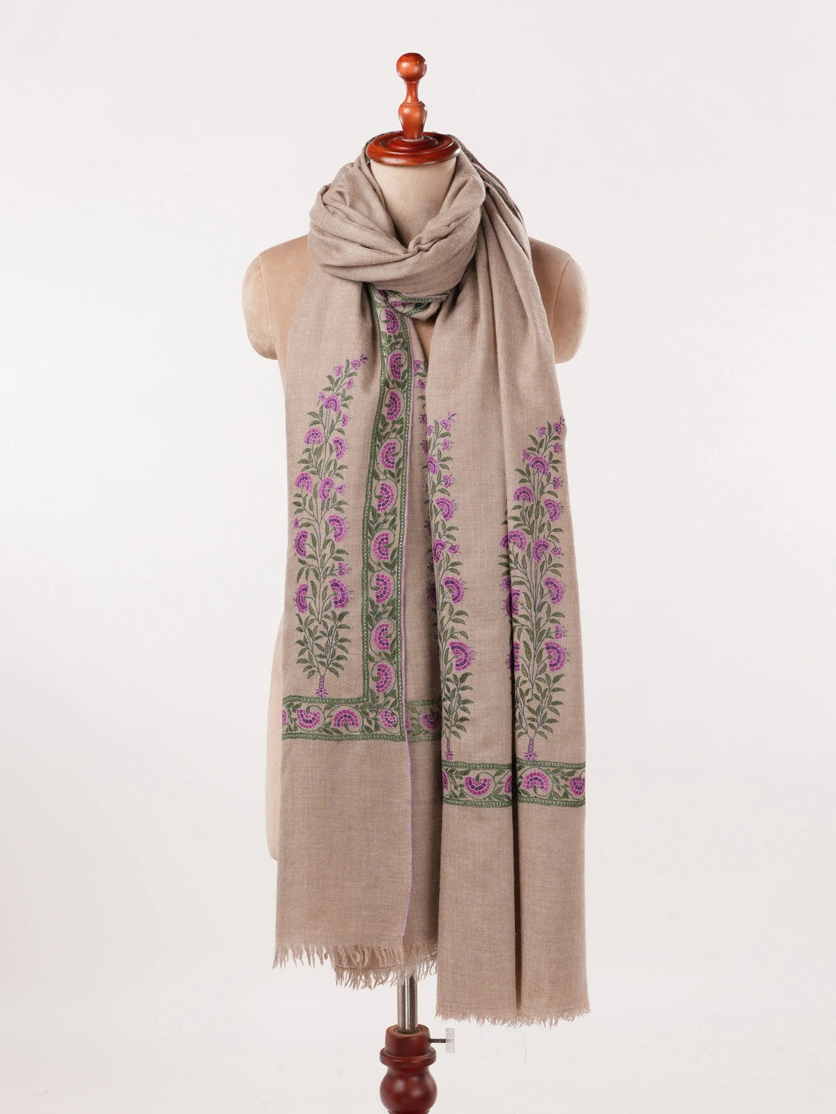 Taupe  Handwoven Pashmina Shawl with Palldar Hand Sozni Embroidery
