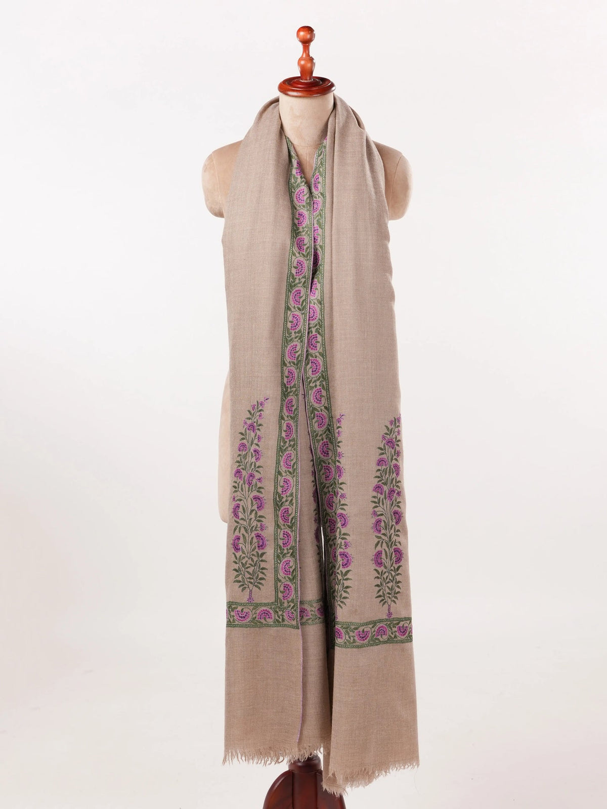 Taupe  Handwoven Pashmina Shawl with Palldar Hand Sozni Embroidery