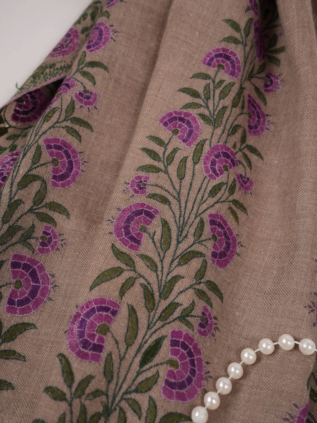 Taupe  Handwoven Pashmina Shawl with Palldar Hand Sozni Embroidery