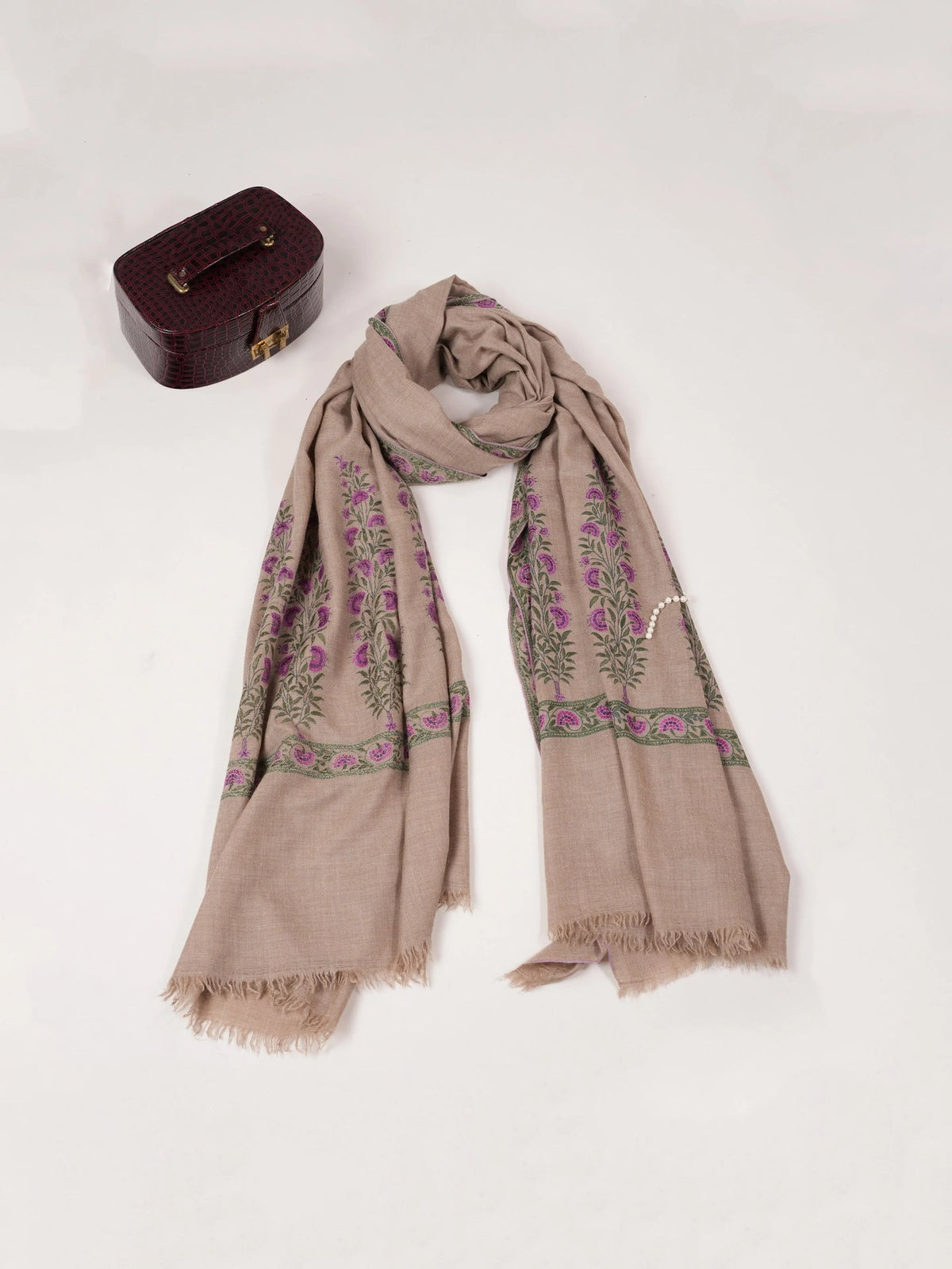 Taupe  Handwoven Pashmina Shawl with Palldar Hand Sozni Embroidery