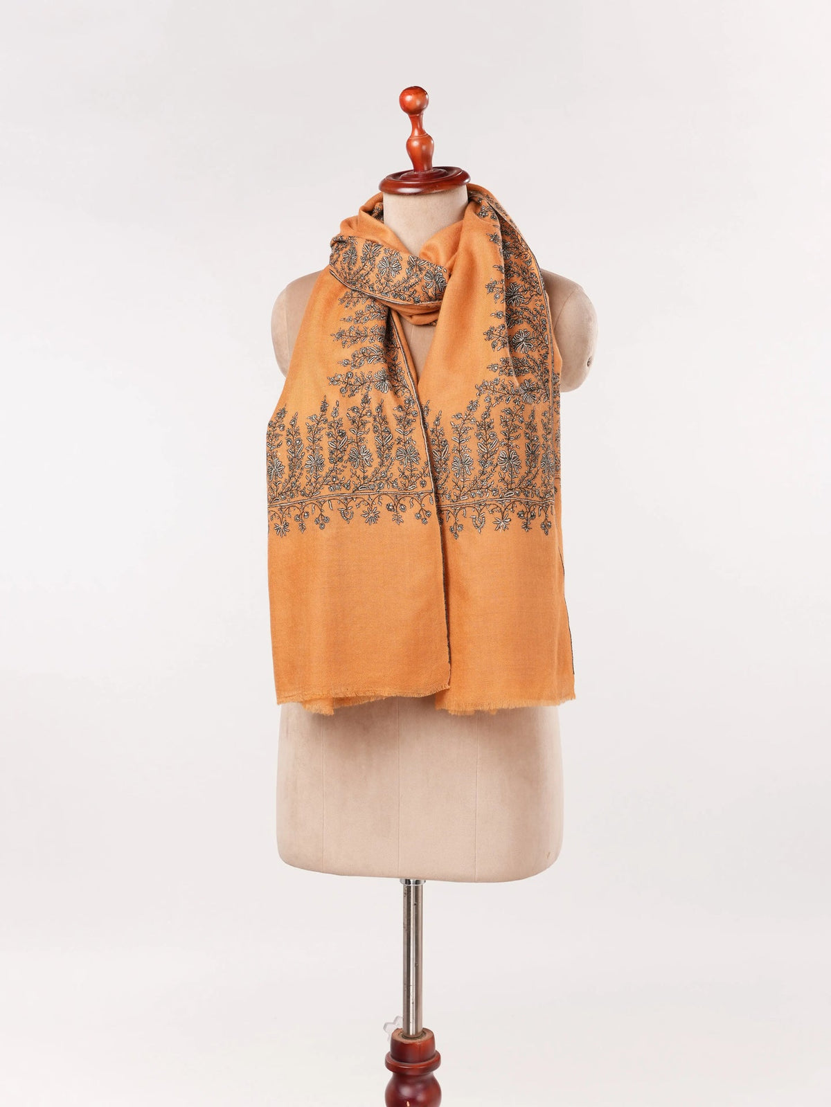 Kashmiri Shawl with Daurdar Hand Sozni Embroidery on Handwoven Burnt Orange Pashmina Shahkaar.com