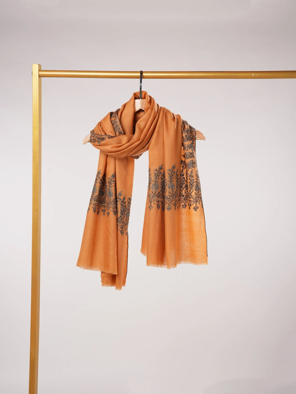 Kashmiri Shawl with Daurdar Hand Sozni Embroidery on Handwoven Burnt Orange Pashmina Shahkaar.com