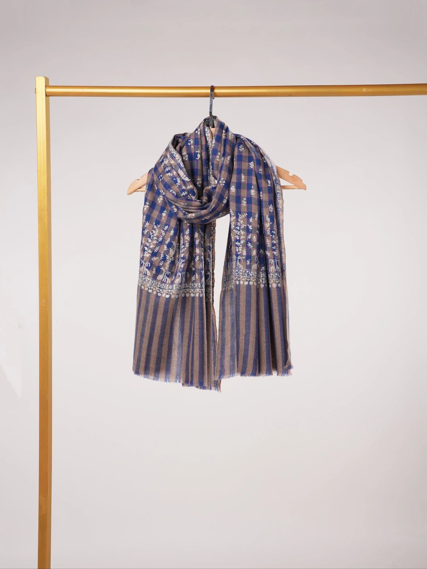Handwoven Check Shawl Pure Pashmina with Hand Buteh Embroidery Shahkaar.com