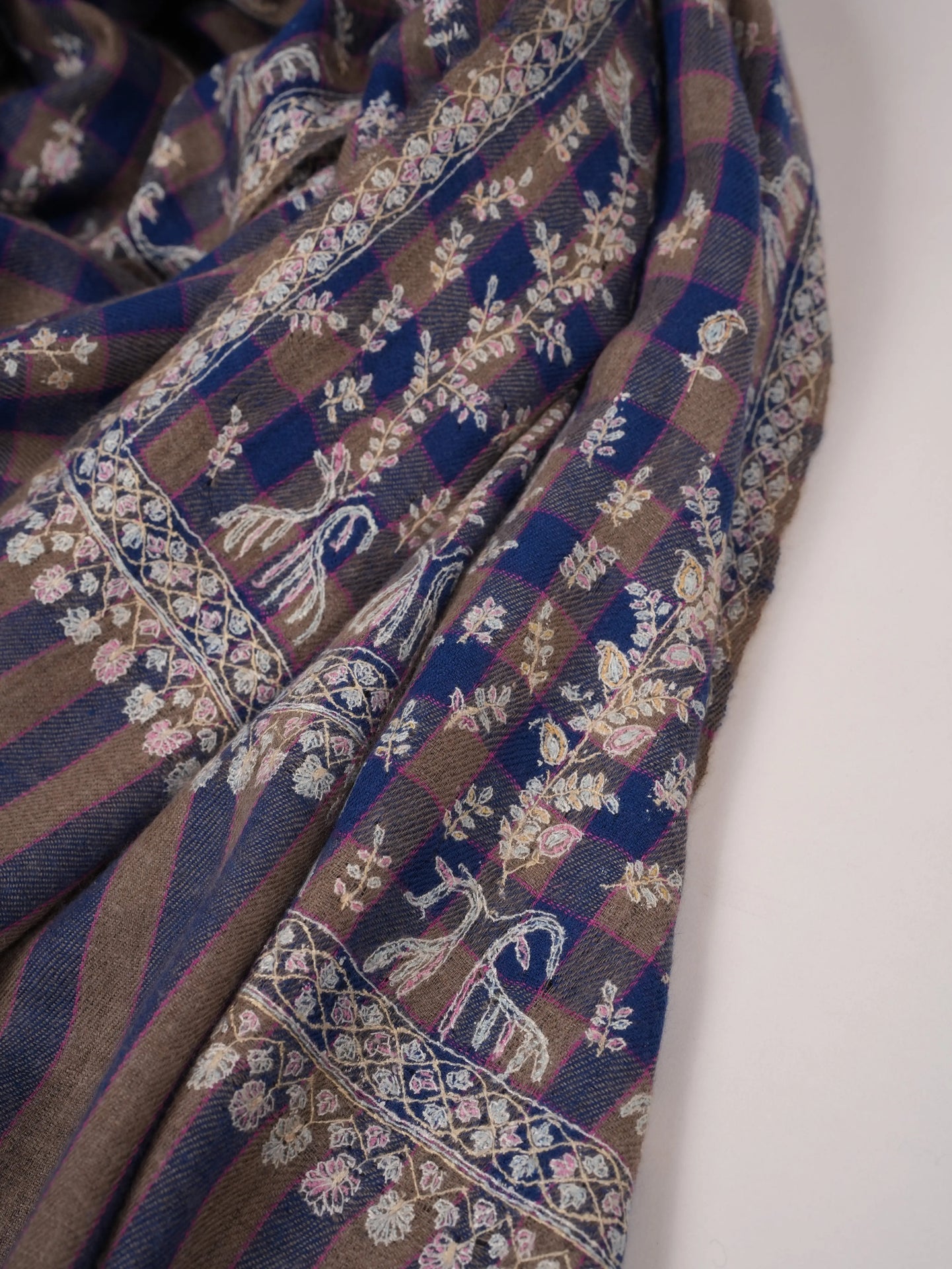 Handwoven Check Shawl Pure Pashmina with Hand Buteh Embroidery Shahkaar.com