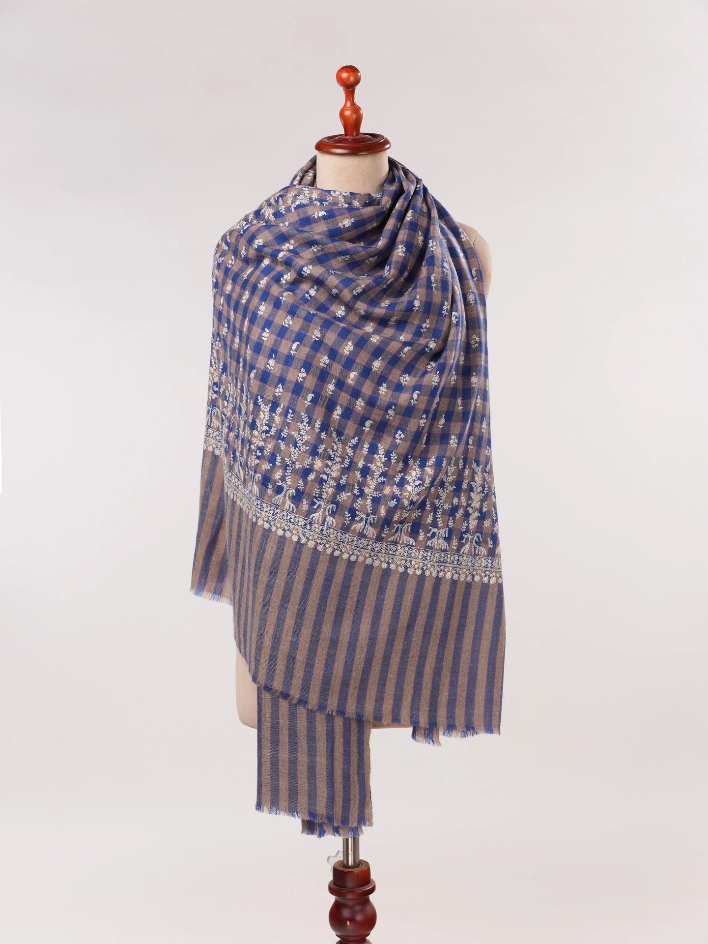 Handwoven Check Shawl Pure Pashmina with Hand Buteh Embroidery Shahkaar.com