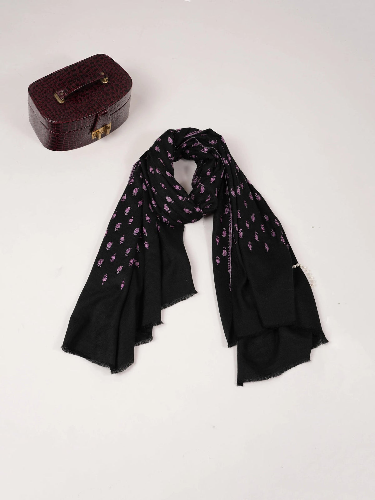 Black Handwoven Pashmina Shawl with Buteh Hand Embroidery