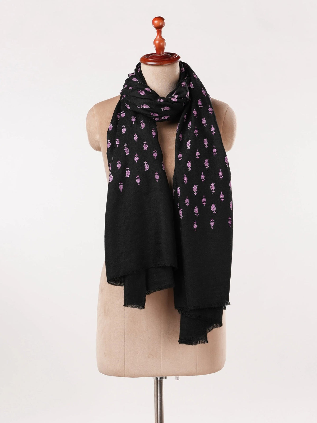 Black Handwoven Pashmina Shawl with Buteh Hand Embroidery