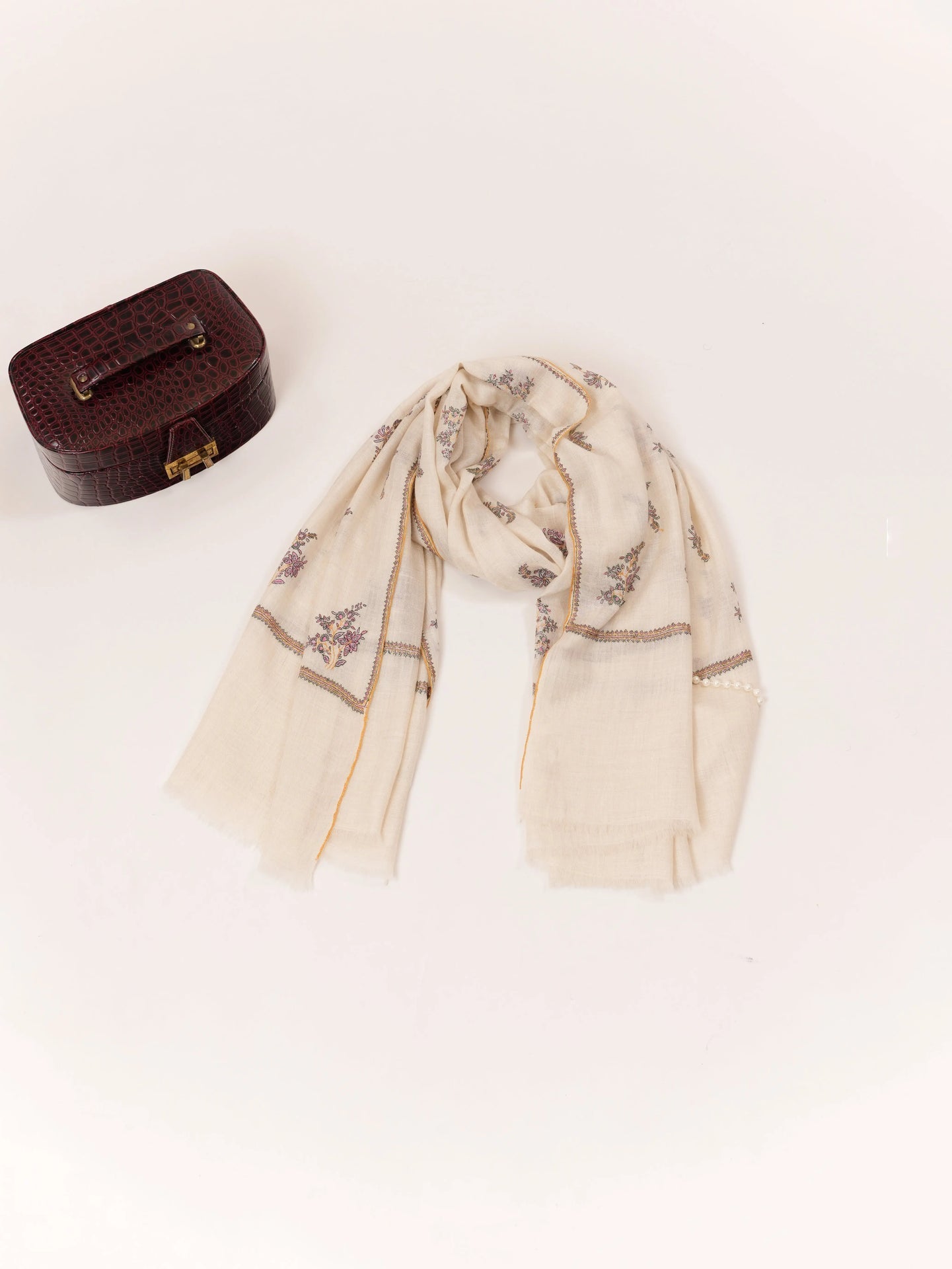 White Handmade Kashmiri Pashmina Shawl with Hand Buteh Embroidery Shahkaar.com