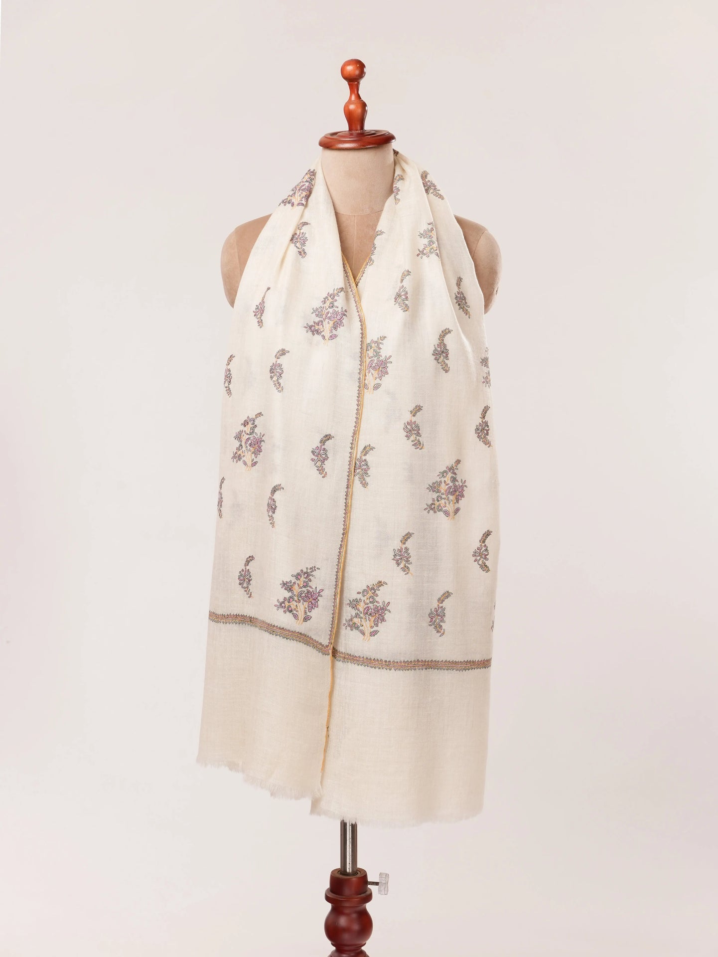 White Handmade Kashmiri Pashmina Shawl with Hand Buteh Embroidery Shahkaar.com