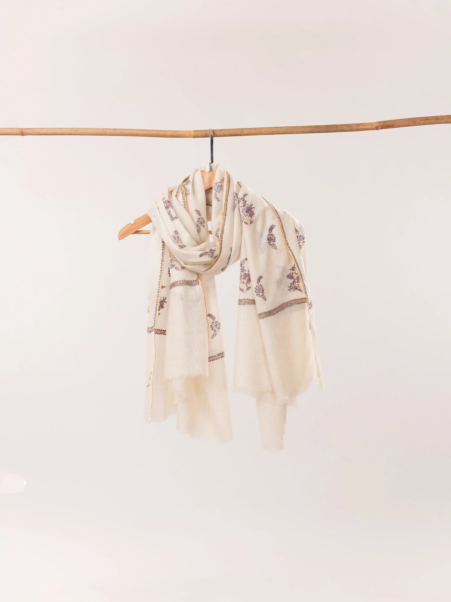 White Handmade Kashmiri Pashmina Shawl with Hand Buteh Embroidery Shahkaar.com