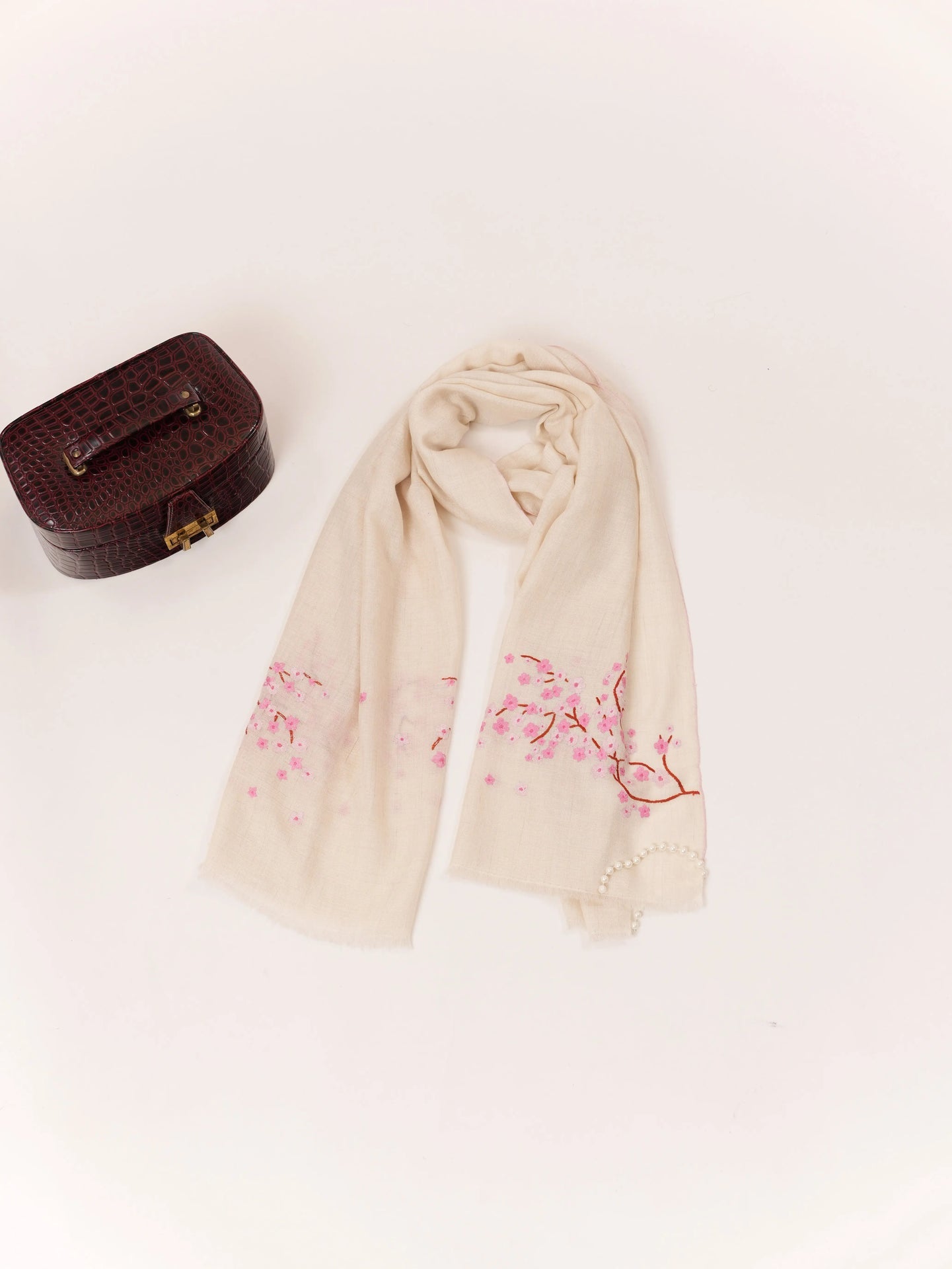 Handwoven Kashmiri Natural White Almond Bloom Cashmere Scarf with Sozni Handwork Shahkaar.com