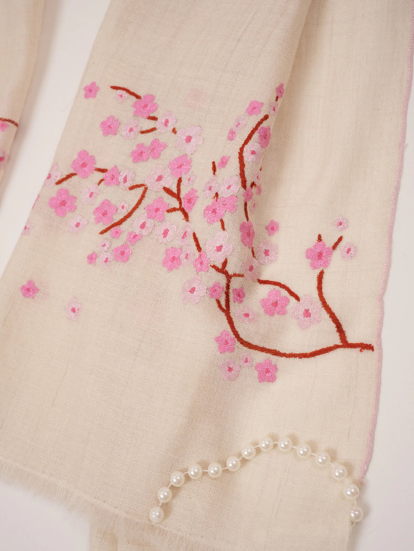 Handwoven Kashmiri Natural White Almond Bloom Cashmere Scarf with Sozni Handwork Shahkaar.com