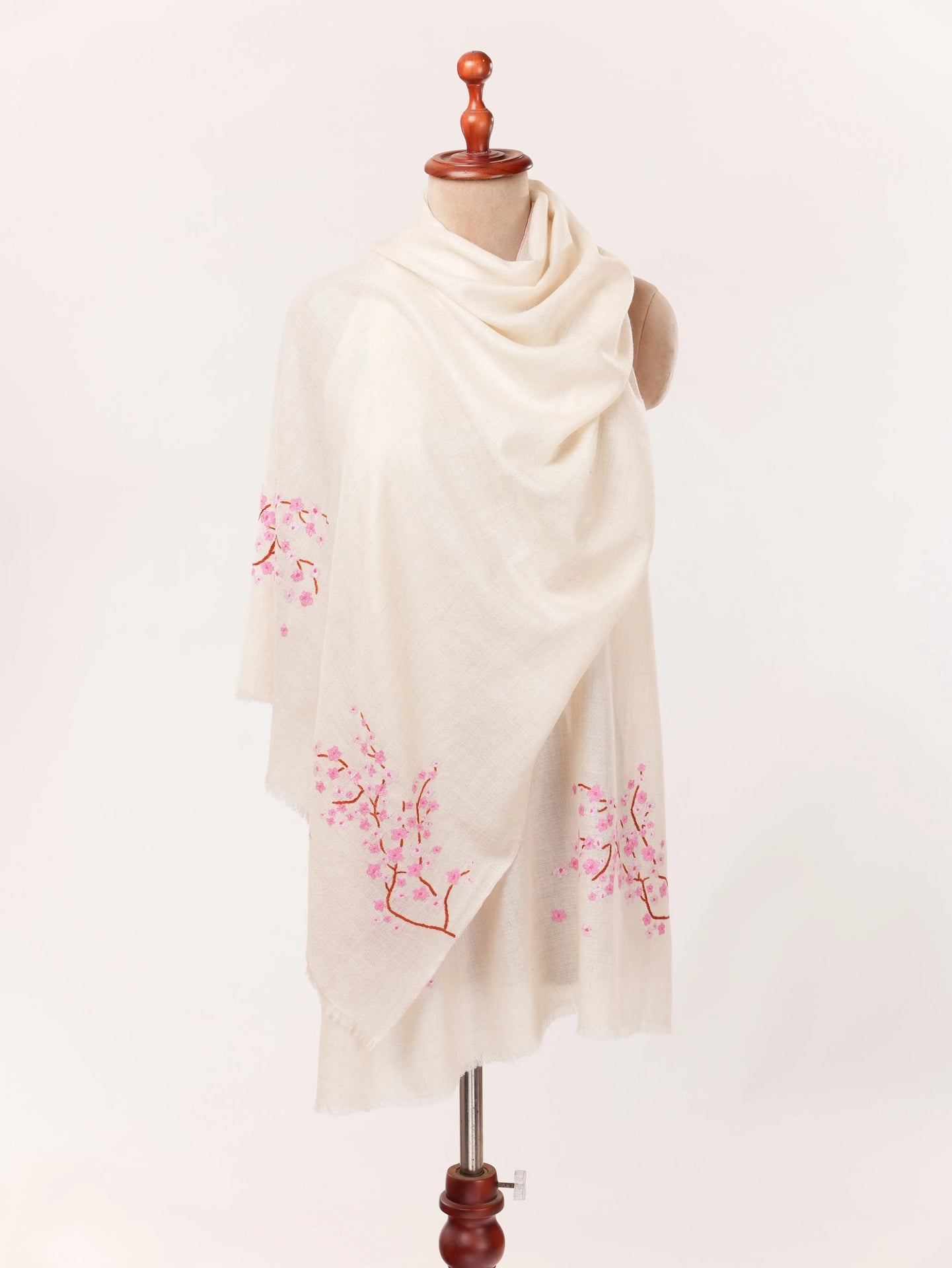 Handwoven Kashmiri Natural White Almond Bloom Cashmere Scarf with Sozni Handwork Shahkaar.com