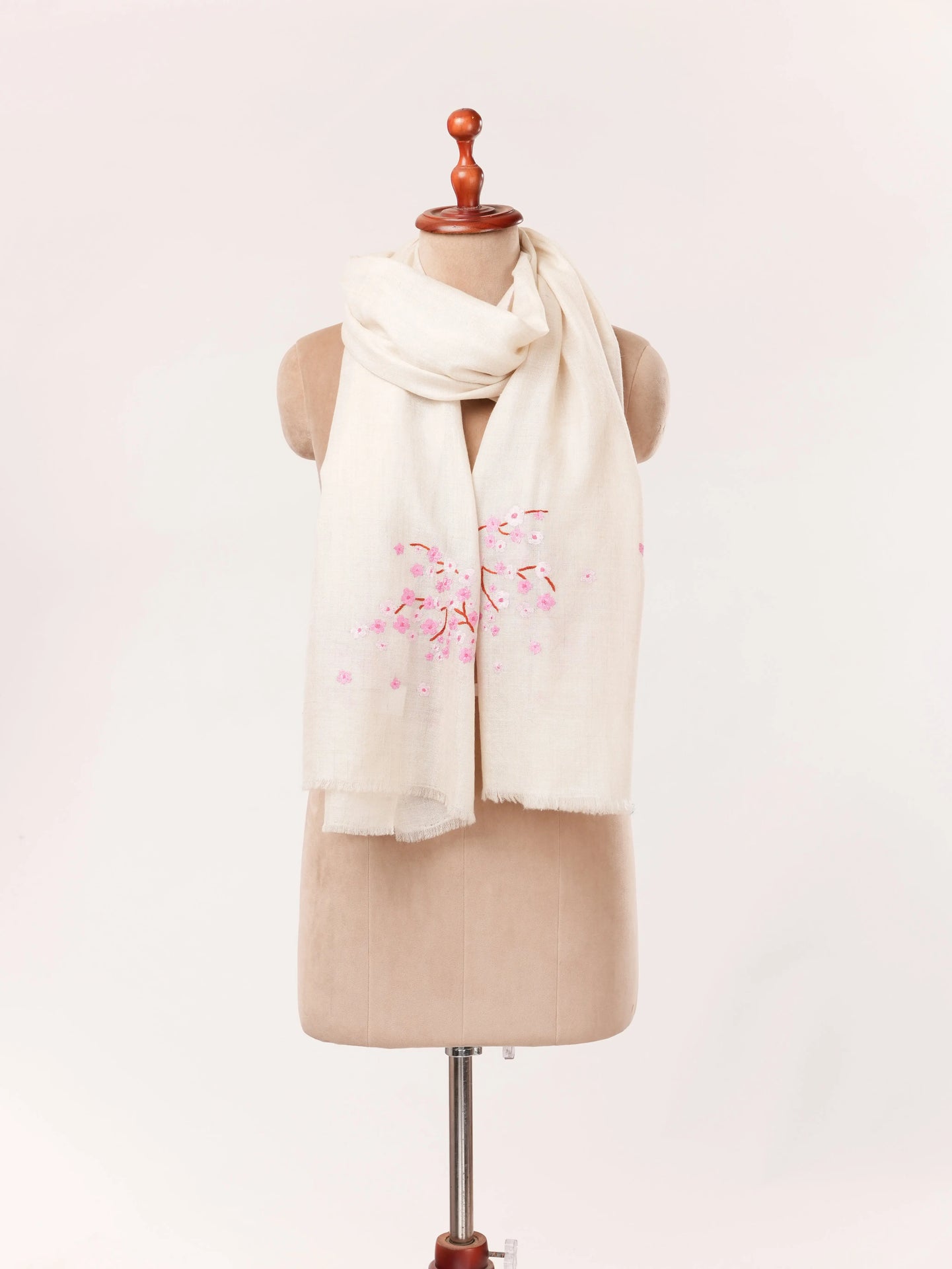 Handwoven Kashmiri Natural White Almond Bloom Cashmere Scarf with Sozni Handwork Shahkaar.com