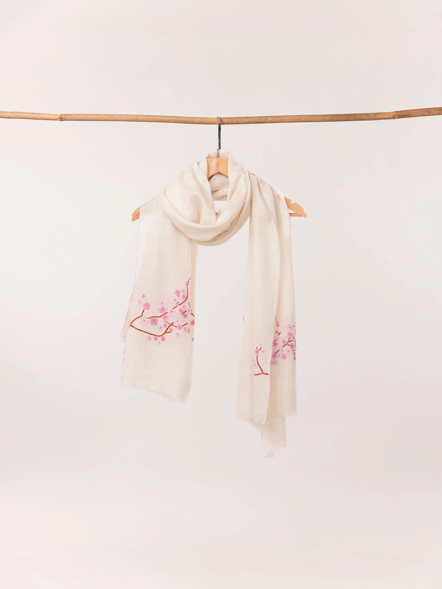 Handwoven Kashmiri Natural White Almond Bloom Cashmere Scarf with Sozni Handwork Shahkaar.com