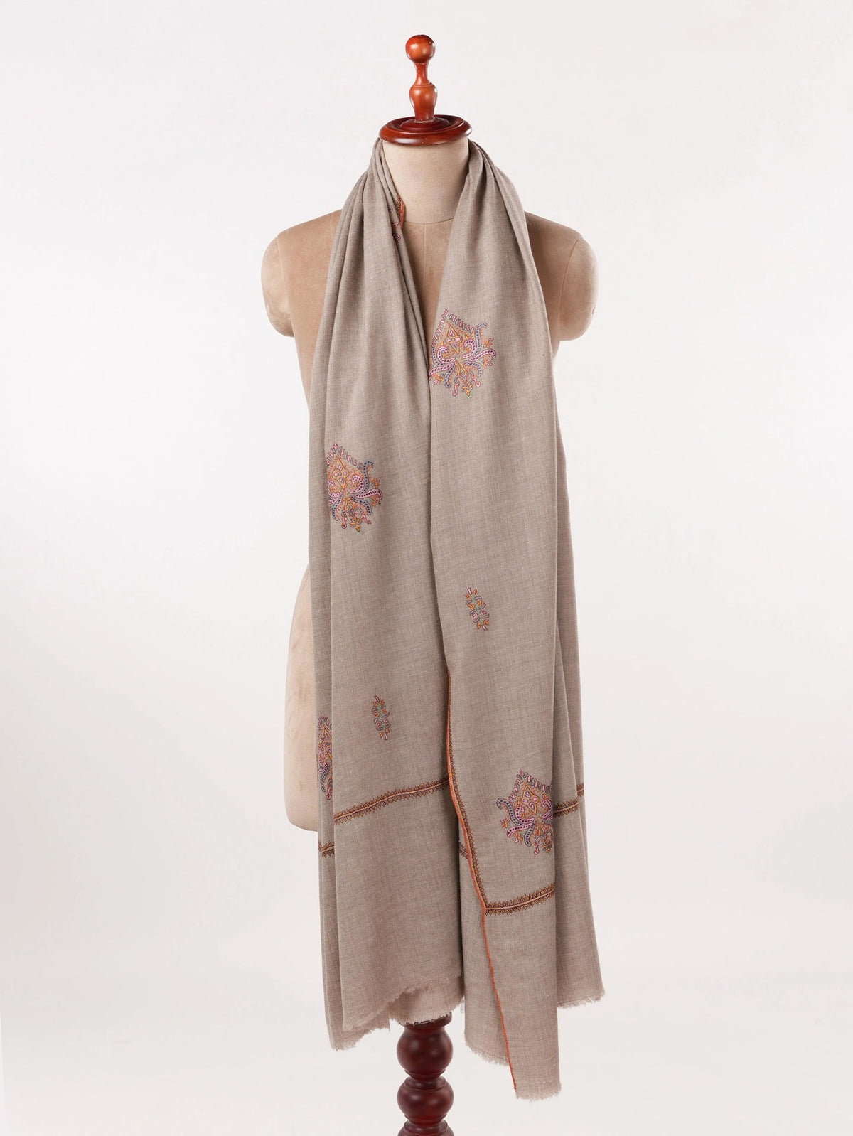 Hand Buteh Embroidered Handwoven Natural Taupe Pashmina Shawl