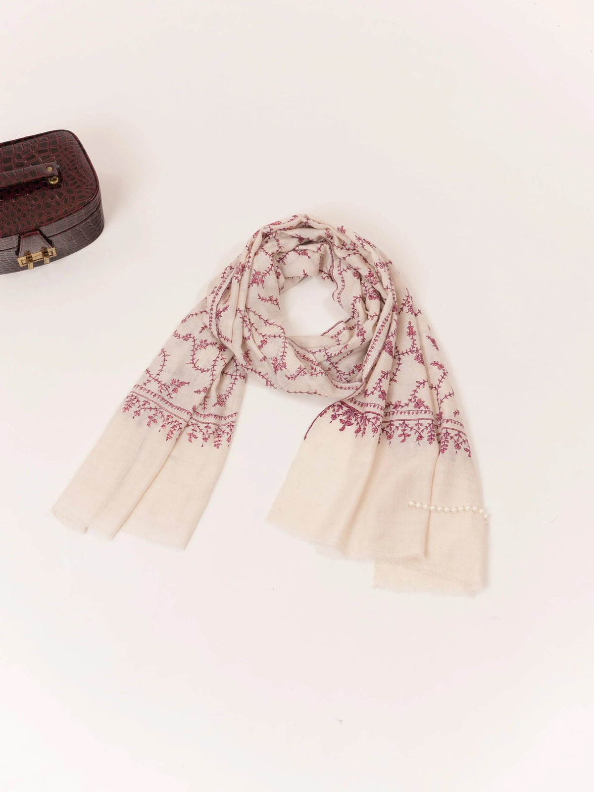 Kashmiri Natural White Handwoven Cashmere Scarf with Traditional Jali Embroidery Shahkaar.com