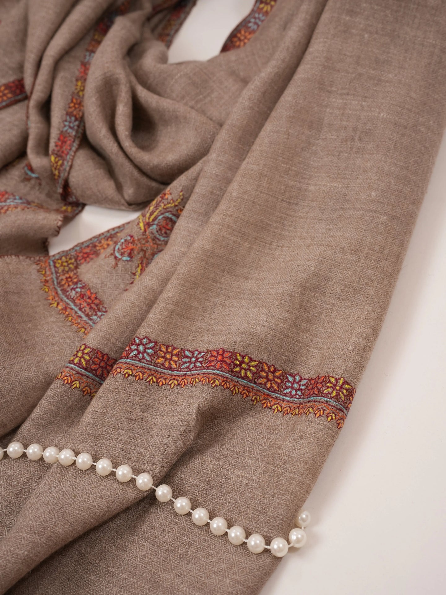 Handwoven Taupe Cashmere Scarf with Kashmiri Hand Sozni Embroidery Shahkaar.com