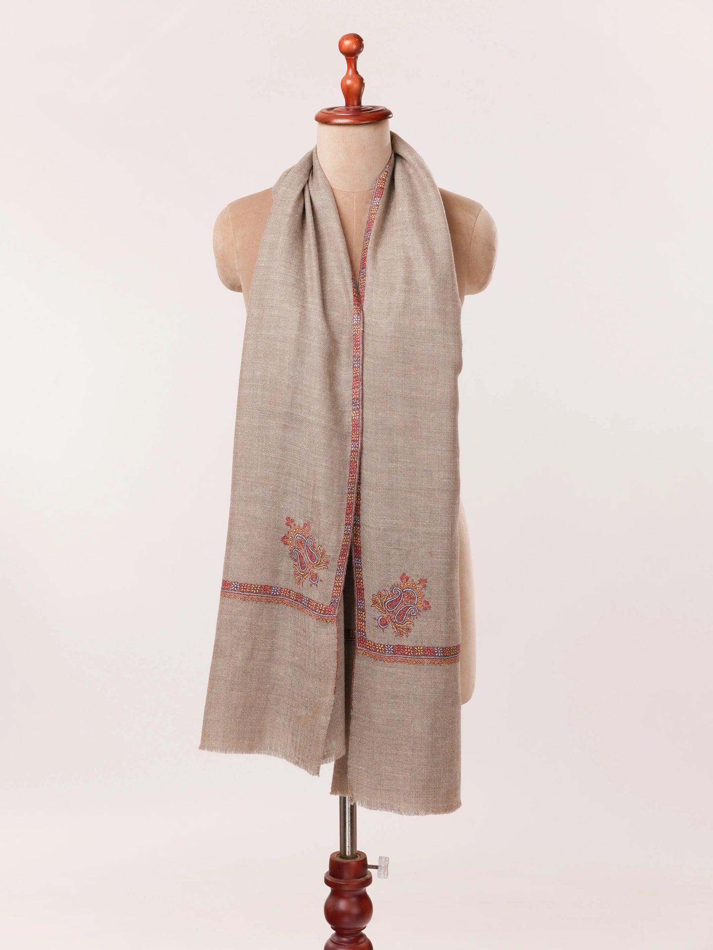 Handwoven Taupe Cashmere Scarf with Kashmiri Hand Sozni Embroidery Shahkaar.com