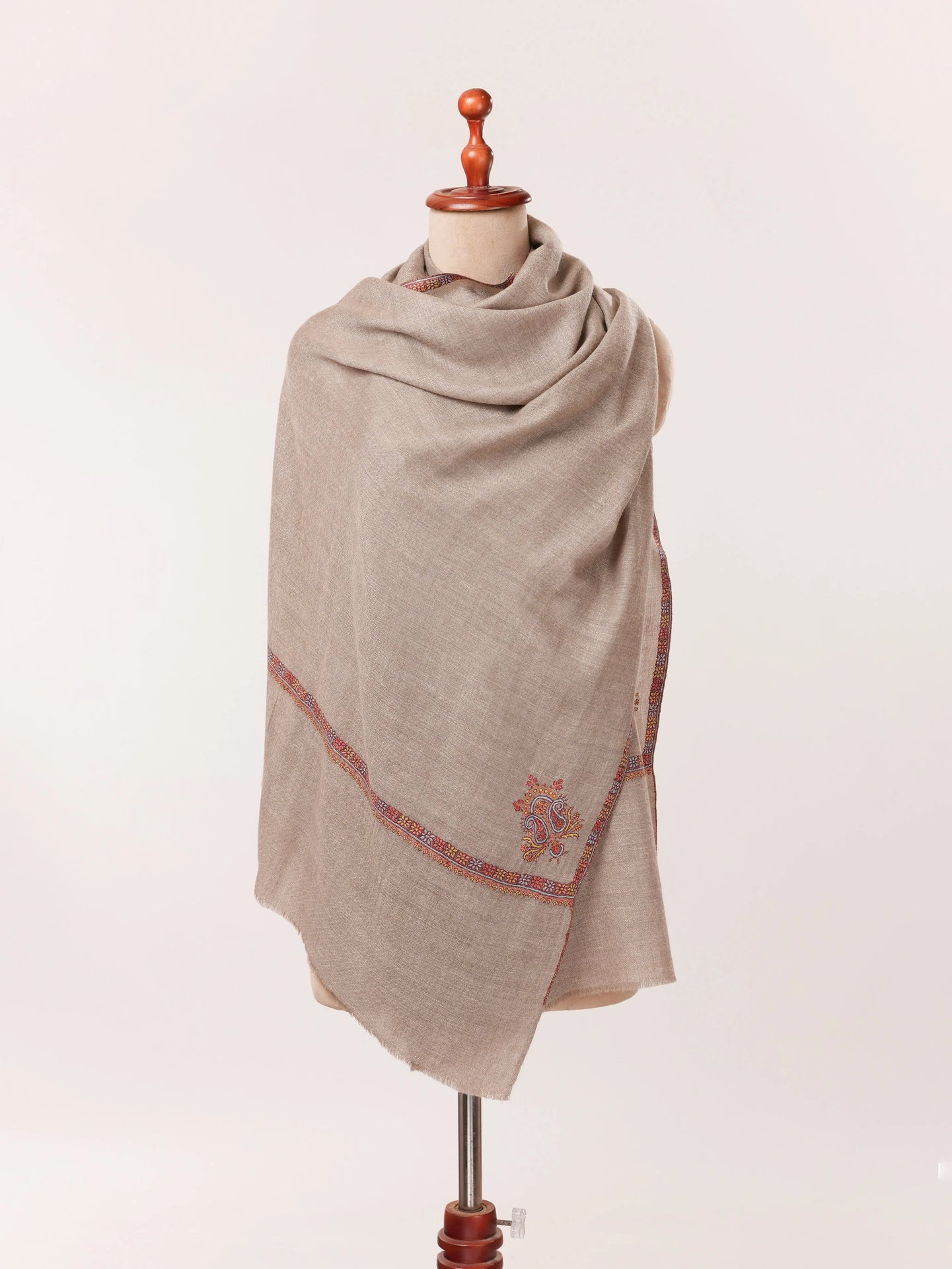 Handwoven Taupe Cashmere Scarf with Kashmiri Hand Sozni Embroidery Shahkaar.com