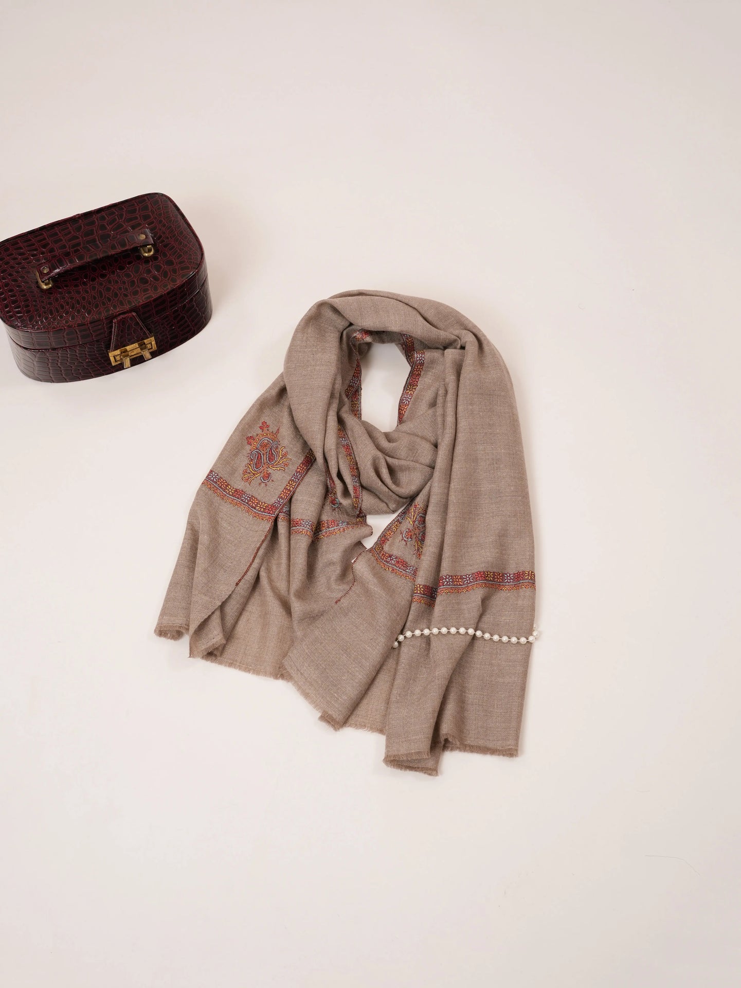 Handwoven Taupe Cashmere Scarf with Kashmiri Hand Sozni Embroidery Shahkaar.com