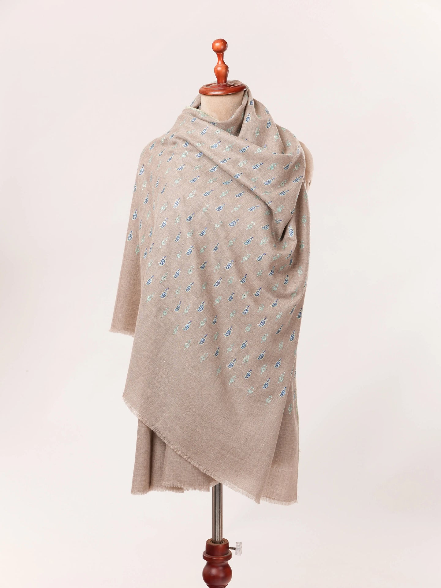 Kashmiri Handwoven Pashmina Shawl in Natural Taupe with Buteh Hand Sozni Embroidery Shahkaar.com
