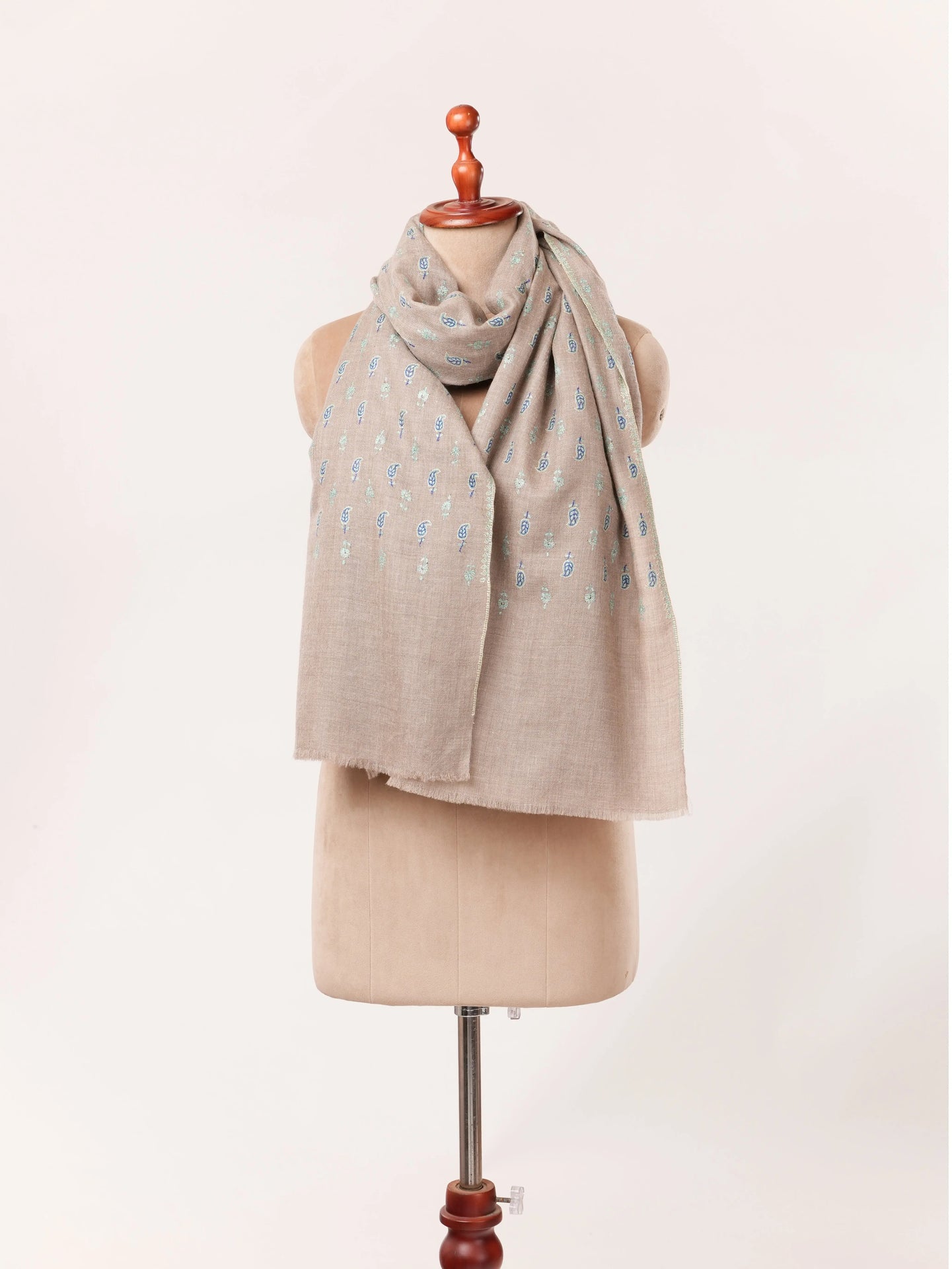 Kashmiri Handwoven Pashmina Shawl in Natural Taupe with Buteh Hand Sozni Embroidery Shahkaar.com