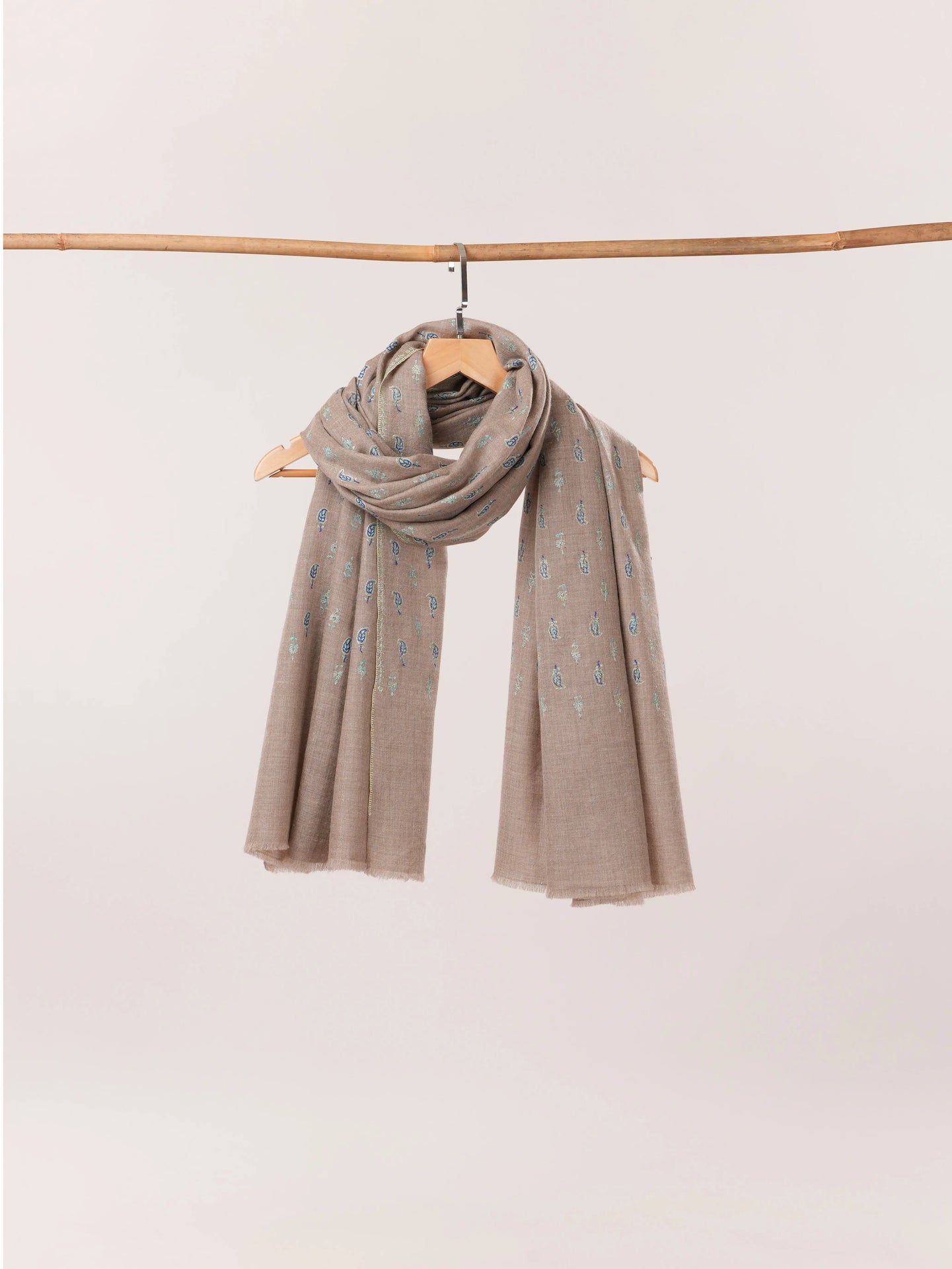 Kashmiri Handwoven Pashmina Shawl in Natural Taupe with Buteh Hand Sozni Embroidery Shahkaar.com