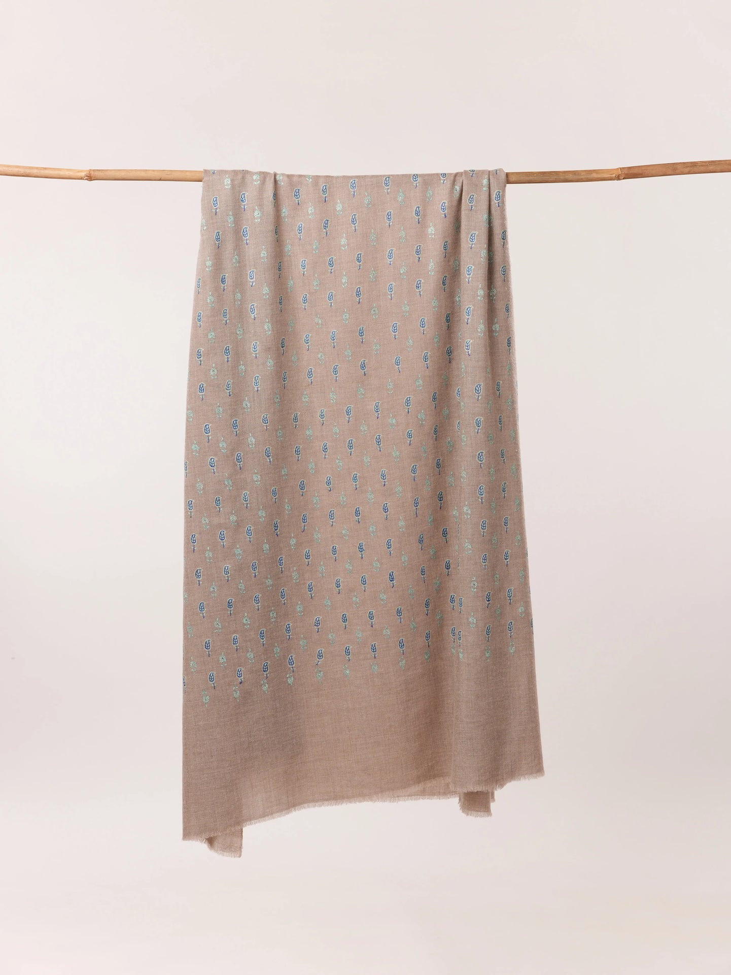 Kashmiri Handwoven Pashmina Shawl in Natural Taupe with Buteh Hand Sozni Embroidery Shahkaar.com