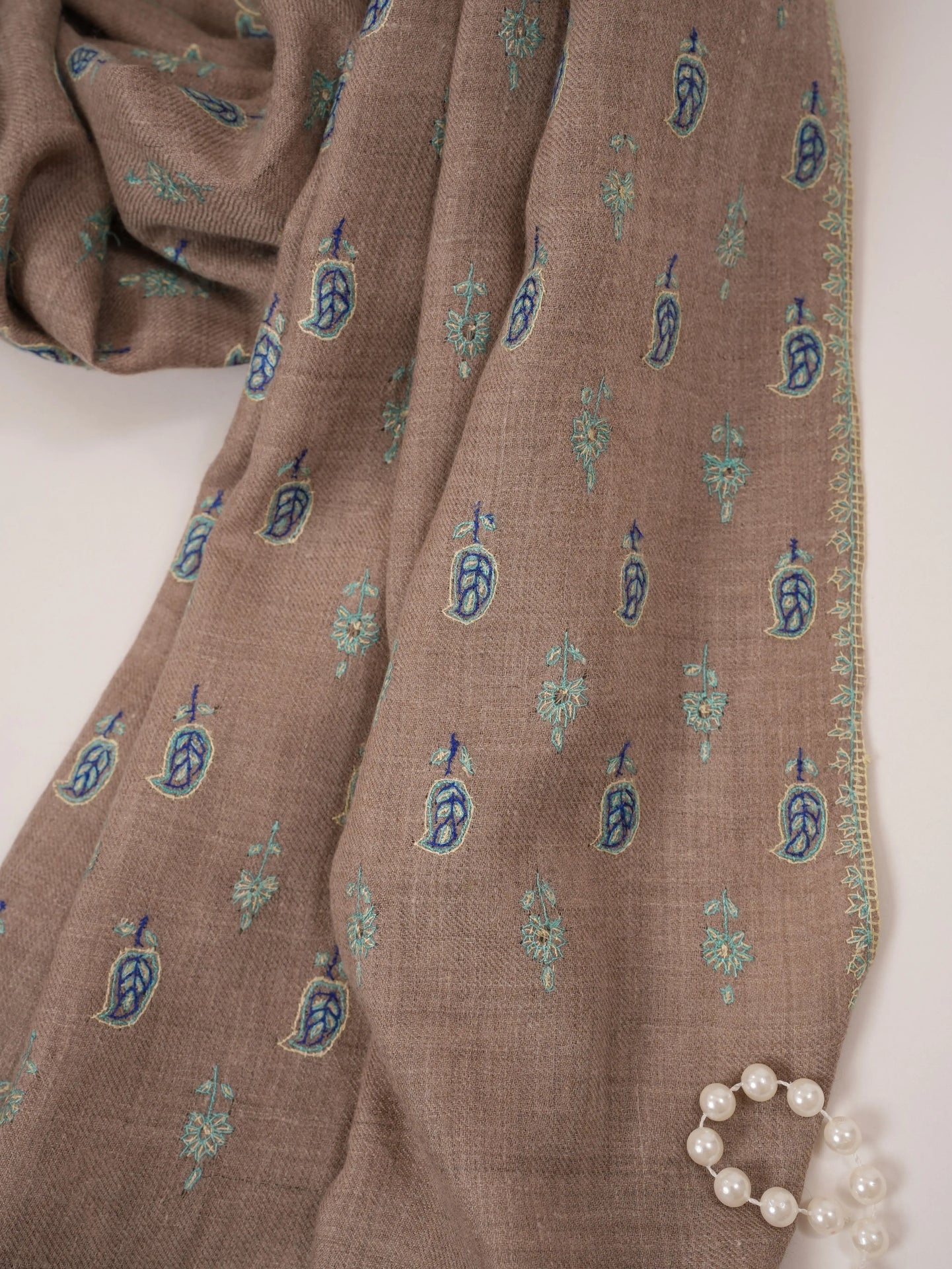 Kashmiri Handwoven Pashmina Shawl in Natural Taupe with Buteh Hand Sozni Embroidery Shahkaar.com