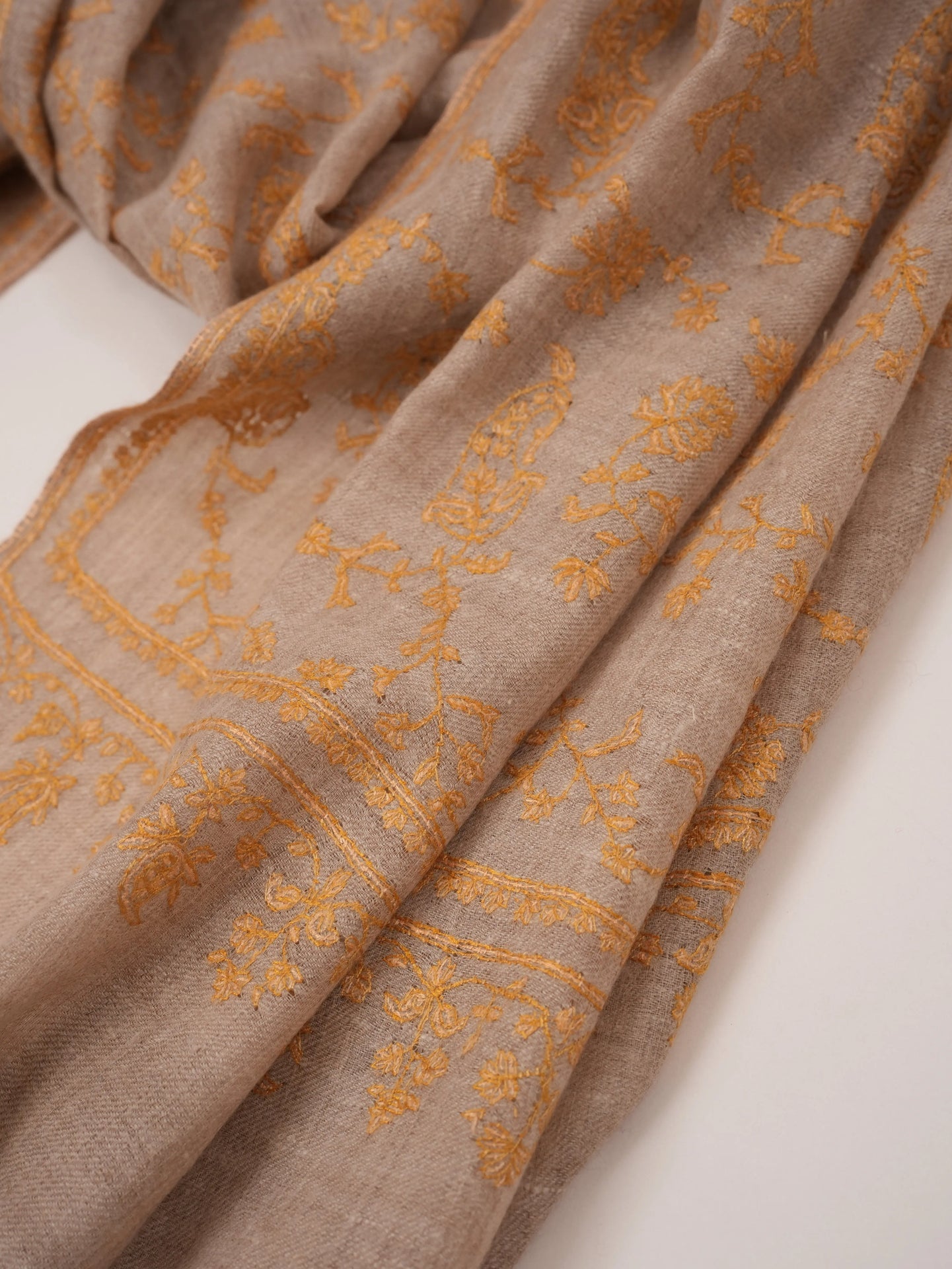 Jali Hand Sozni Embroidery Natural Taupe Kashmiri Cashmere Scarf Shahkaar.com