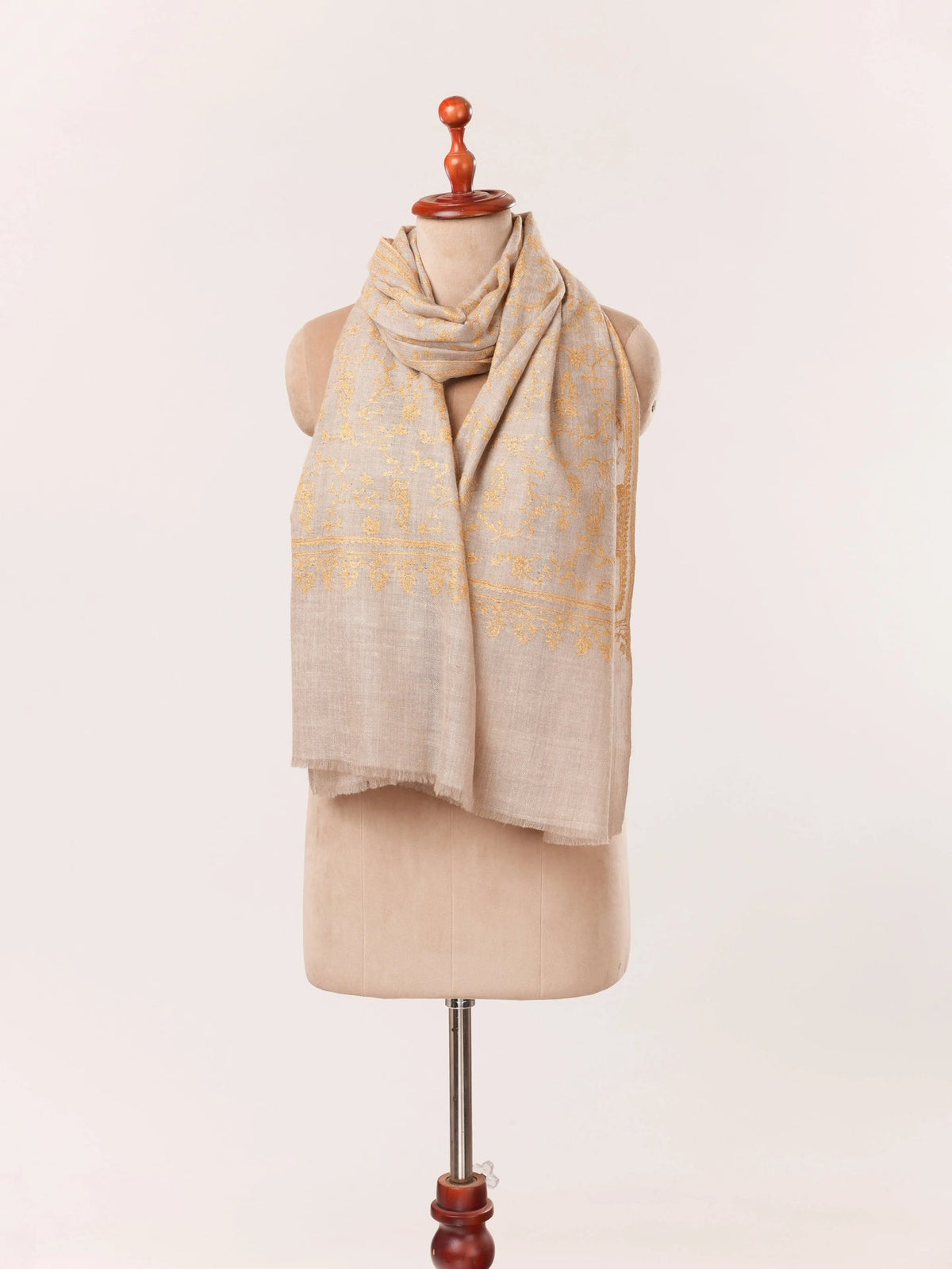 Jali Hand Sozni Embroidery Natural Taupe Kashmiri Cashmere Scarf Shahkaar.com