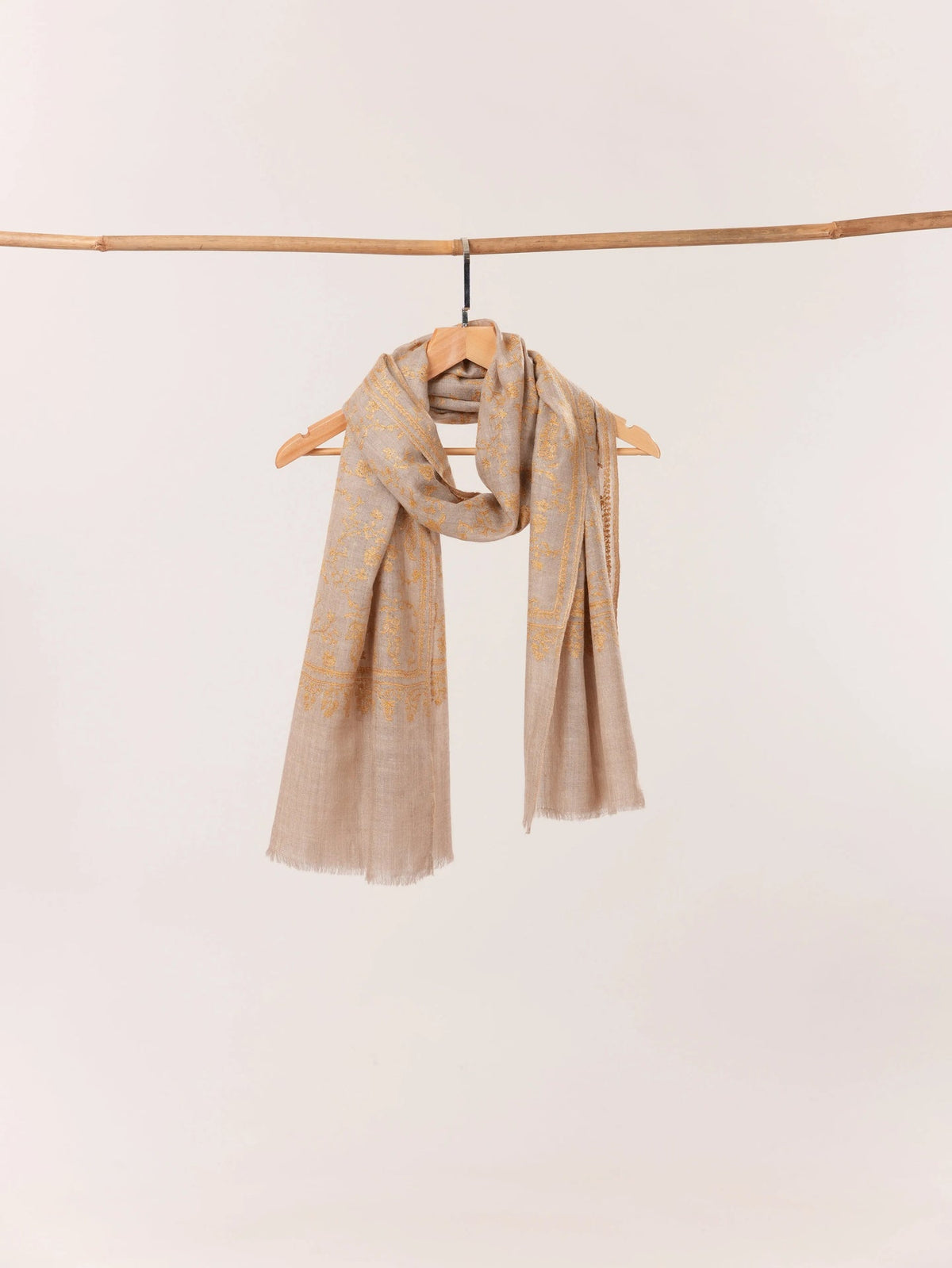 Jali Hand Sozni Embroidery Natural Taupe Kashmiri Cashmere Scarf Shahkaar.com