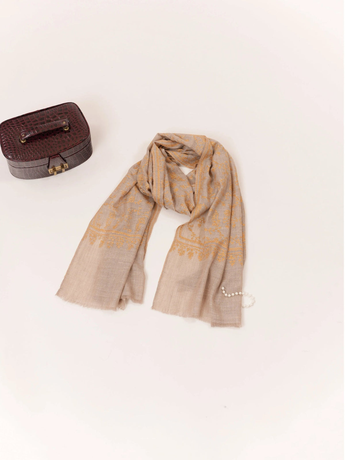 Jali Hand Sozni Embroidery Natural Taupe Kashmiri Cashmere Scarf Shahkaar.com