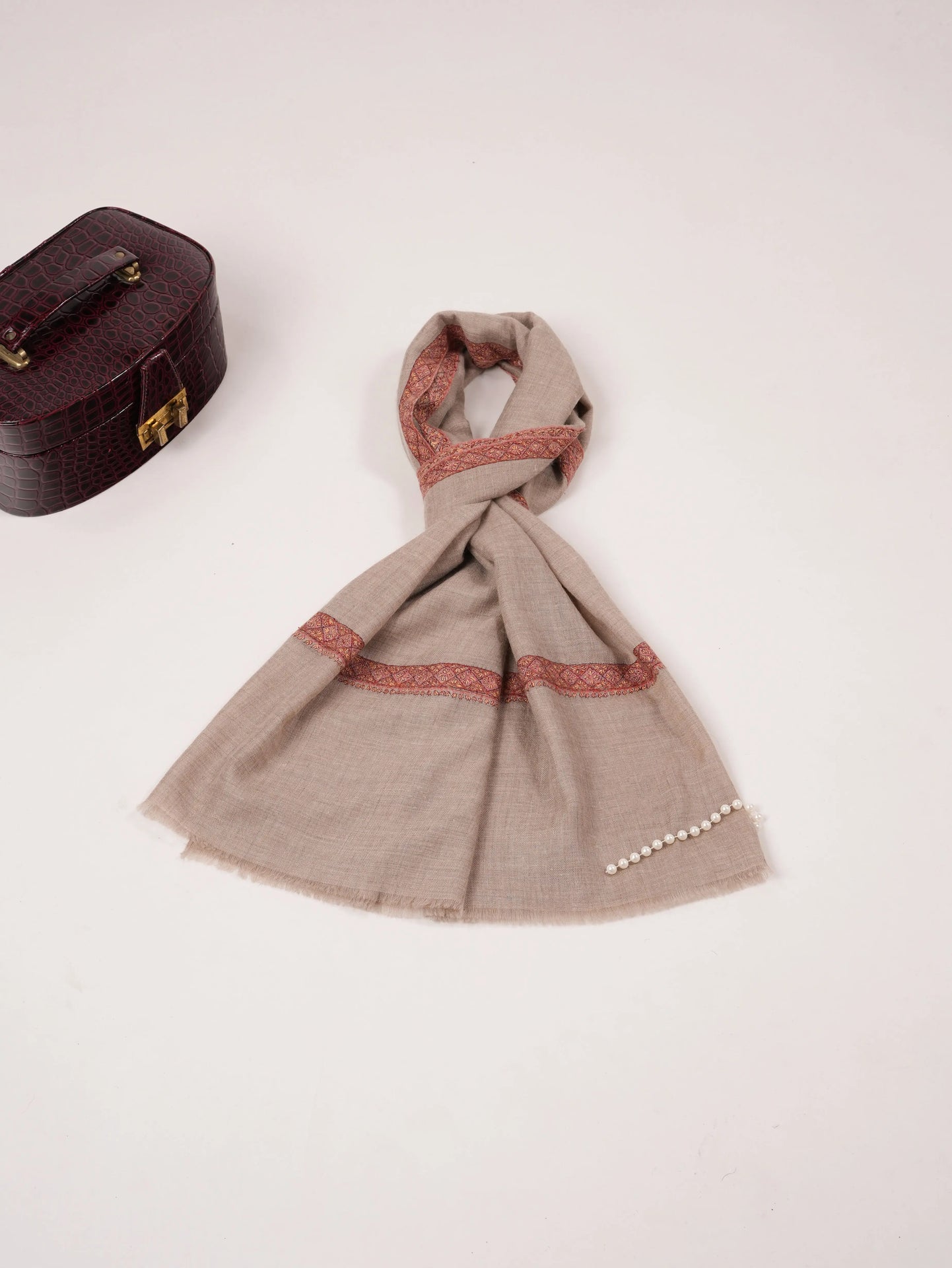 Natural Taupe Featherlight Cashmere Scarf with Classic Hand Embroidery Shahkaar.com